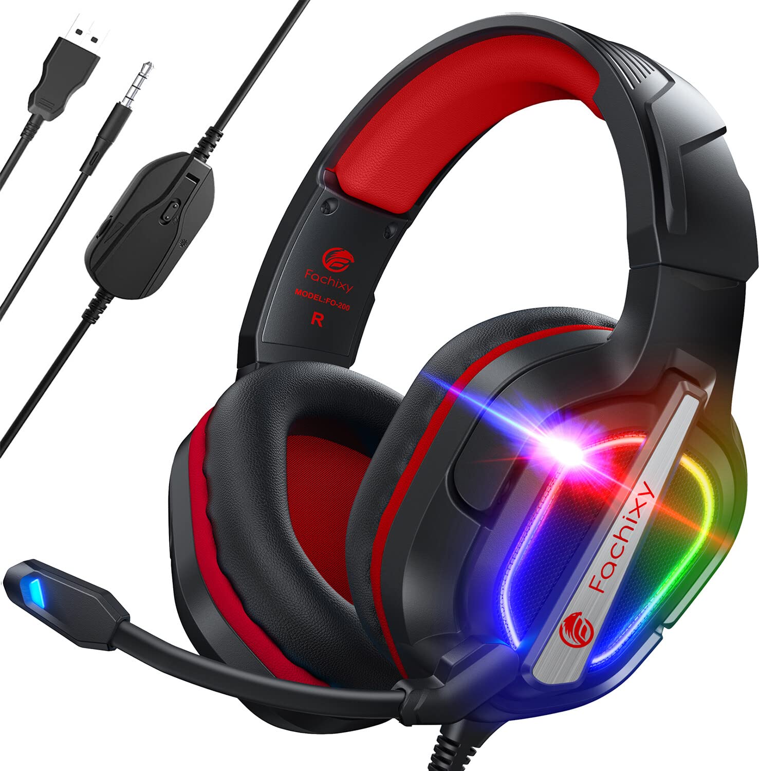 FC200 Gaming Headset with Microphone - Noise Canceling Over-Ear Headphones for PC, PS4, PS5, Xbox One, Switch & Mac - 3.5mm Jack & RGB Lighting - Perfect for Competitive Gaming, Streaming & Online Meetings