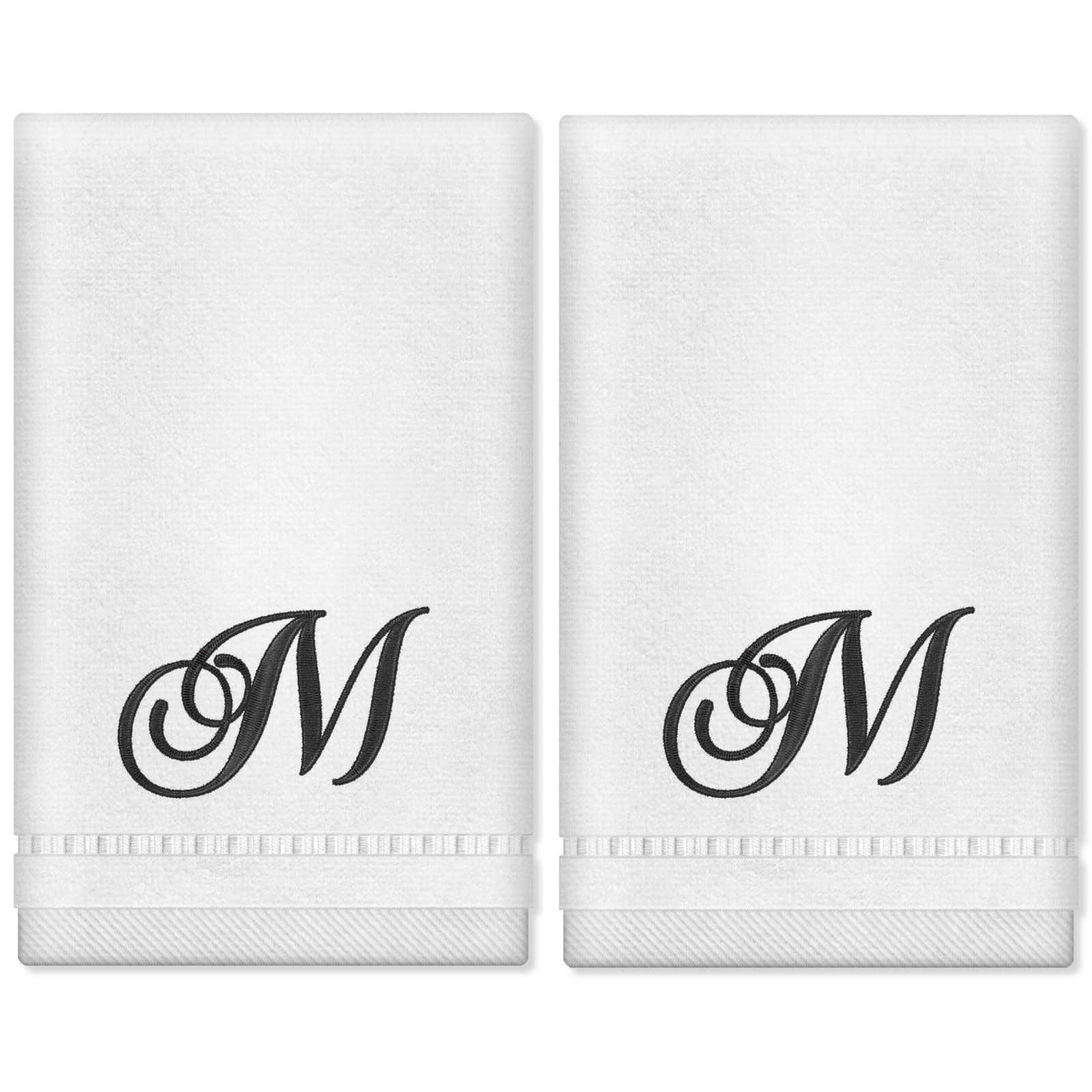 Personalized Monogrammed Hand Towels Set - 100% Cotton Embroidered Bathroom Towels 11x18 Inches (Set of 2) - Soft Absorbent Guest Towels for Bath, Kitchen & Powder Room - White Initial M Design