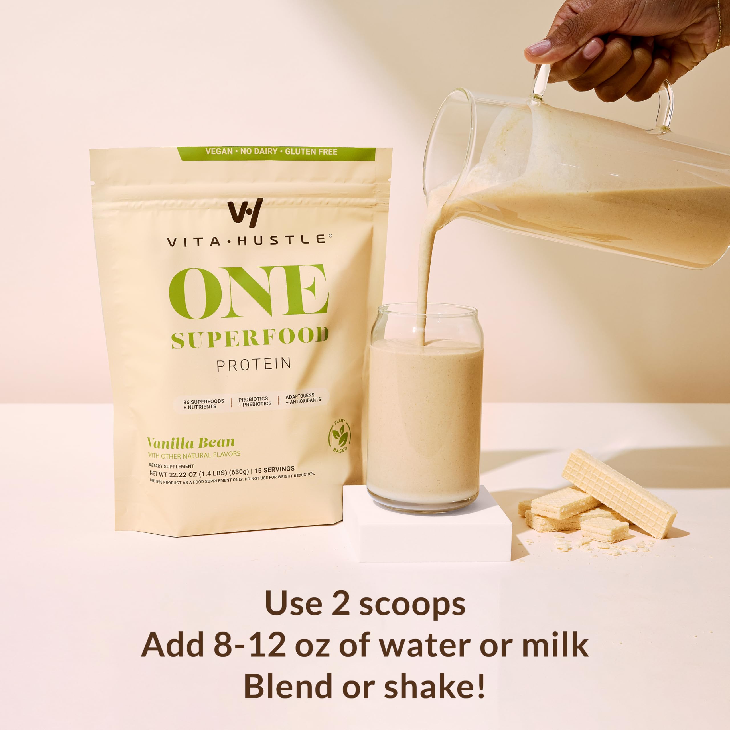 VitaHustle ONE Plant-Based Meal Replacement Shake by Kevin Hart - Vegan Protein Powder with Superfoods, Vitamins, Adaptogens & Probiotics - Vanilla Flavor, 30 Servings - Perfect for Post-Workout Recovery, Weight Management & Busy Lifestyles