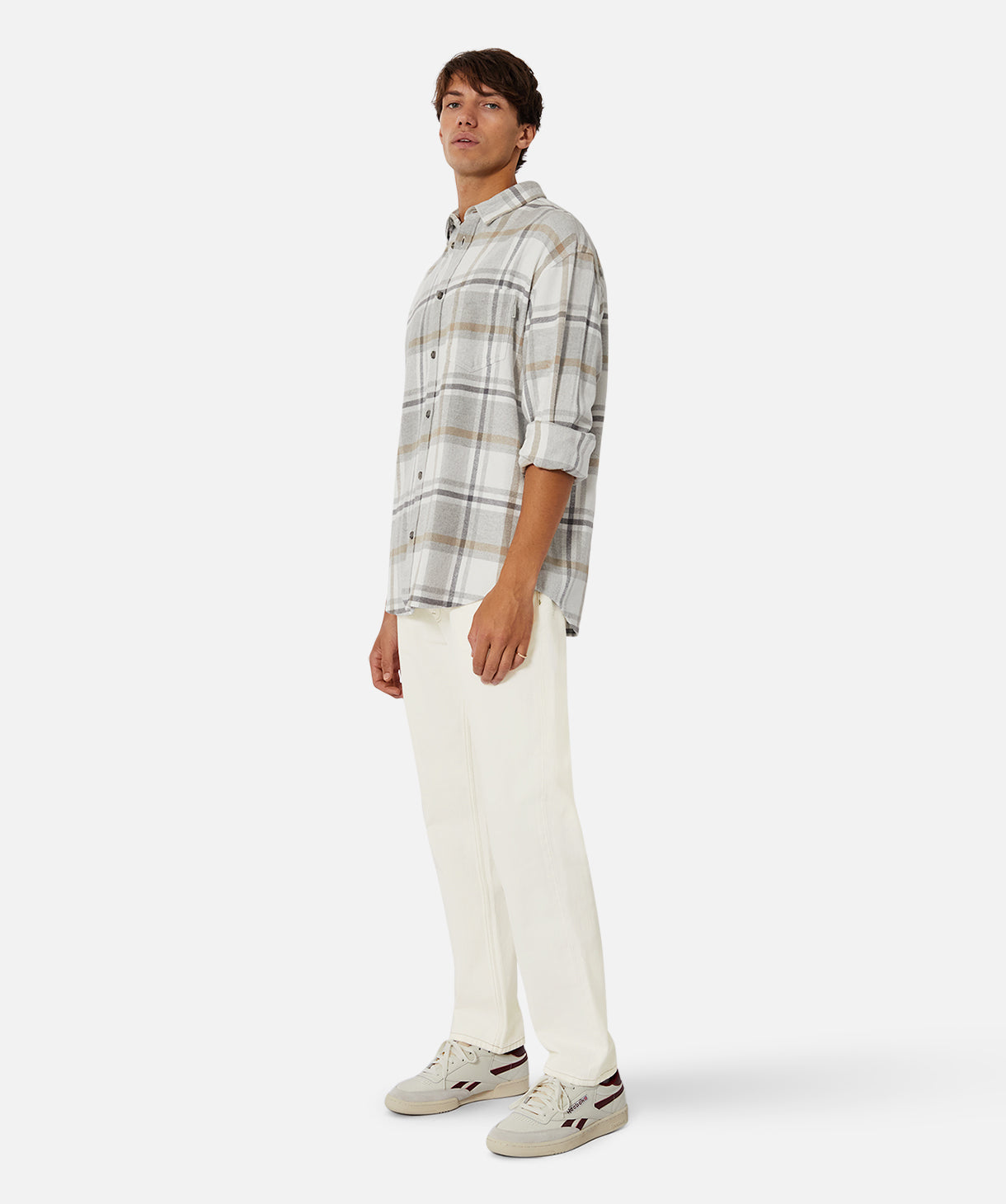 Premium Carver Long Sleeve Shirt for Men - Classic Grey & Brown Plaid Flannel - Comfortable Casual Wear for Outdoor Adventures & Fall Layering