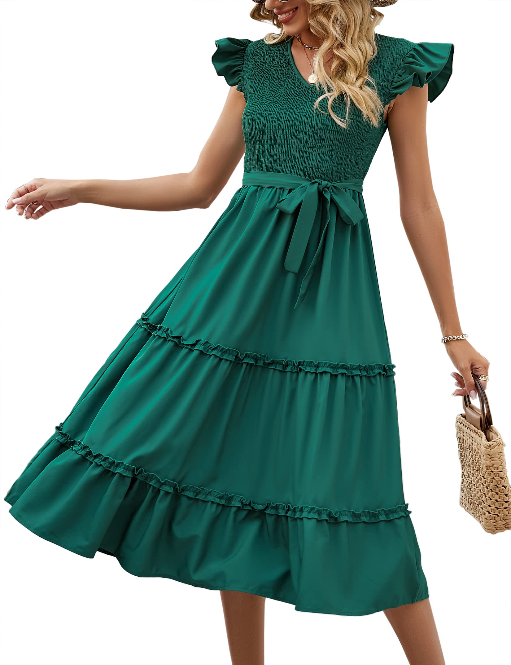 KOJOOIN Women's Maternity Dress - Summer V Neck Smocked Maxi Dress with Puff Sleeves for Pregnancy, Baby Shower & Photoshoot | Comfortable & Stylish Outfit for Expecting Moms