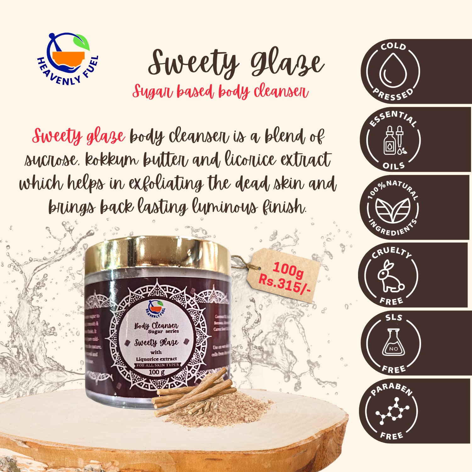 Sweety Glaze Sugar Body Scrub with Kokum Butter & Licorice - 100g Exfoliating Cleanser for Soft, Glowing Skin | Perfect for Shower & Spa Days