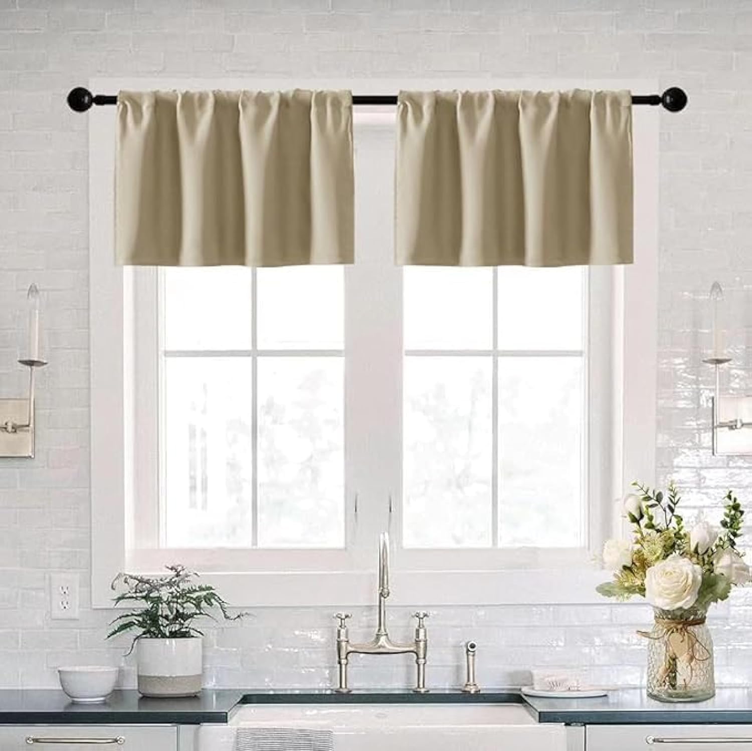 XTMYI Blackout Small Curtains for Basement Windows - Set of 2 Pack, Room Darkening Valances in Natural Beige for Living Room & Bedroom - Perfect for Privacy, Light Control & Home Decor