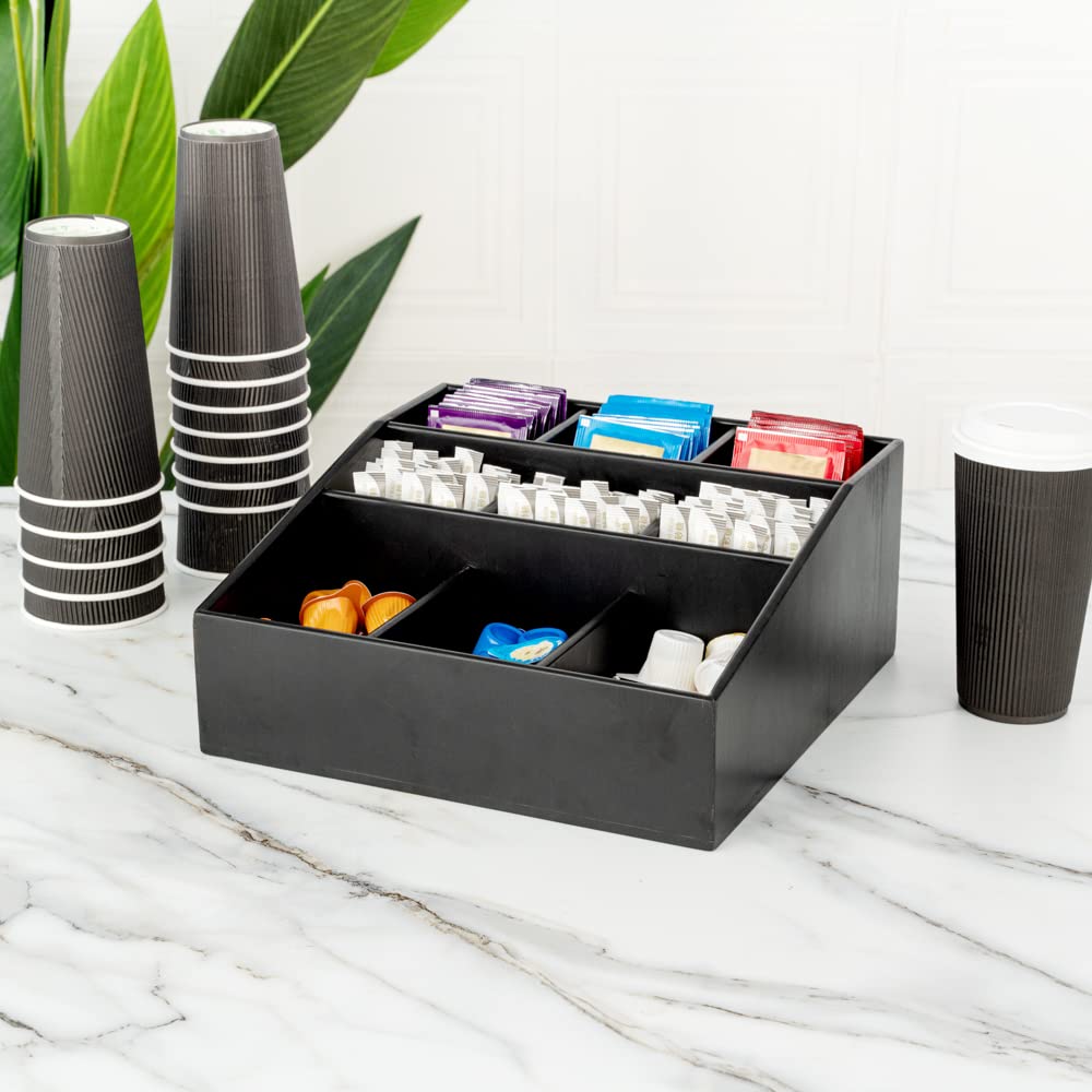 11.75 x 5.5 Inch Black Bamboo Coffee Condiment Organizer with 9 Compartments - Break-Resistant Creamer Caddy for Sugar Packets & Coffee Accessories | Perfect for Restaurants, Cafes & Home Kitchen Countertop Organization