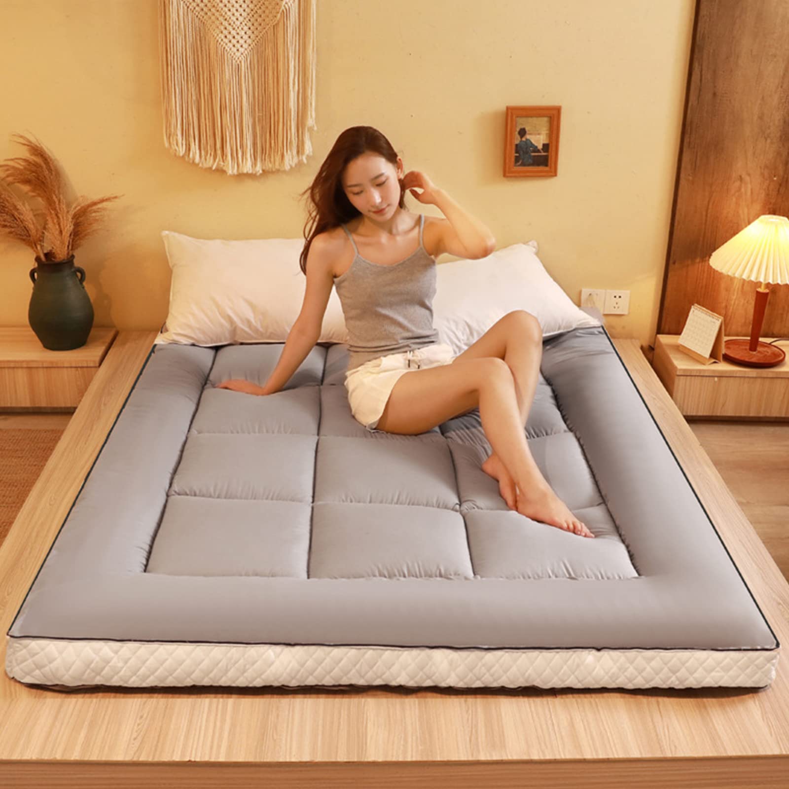 Japanese Futon Mattress - Thick Roll Up Quilted Floor Mattress for Winter, Portable Folding Tatami Sleeping Pad - 180x200cm (71x79in) Gray - Perfect for Camping, Couch Beds & Guest Rooms