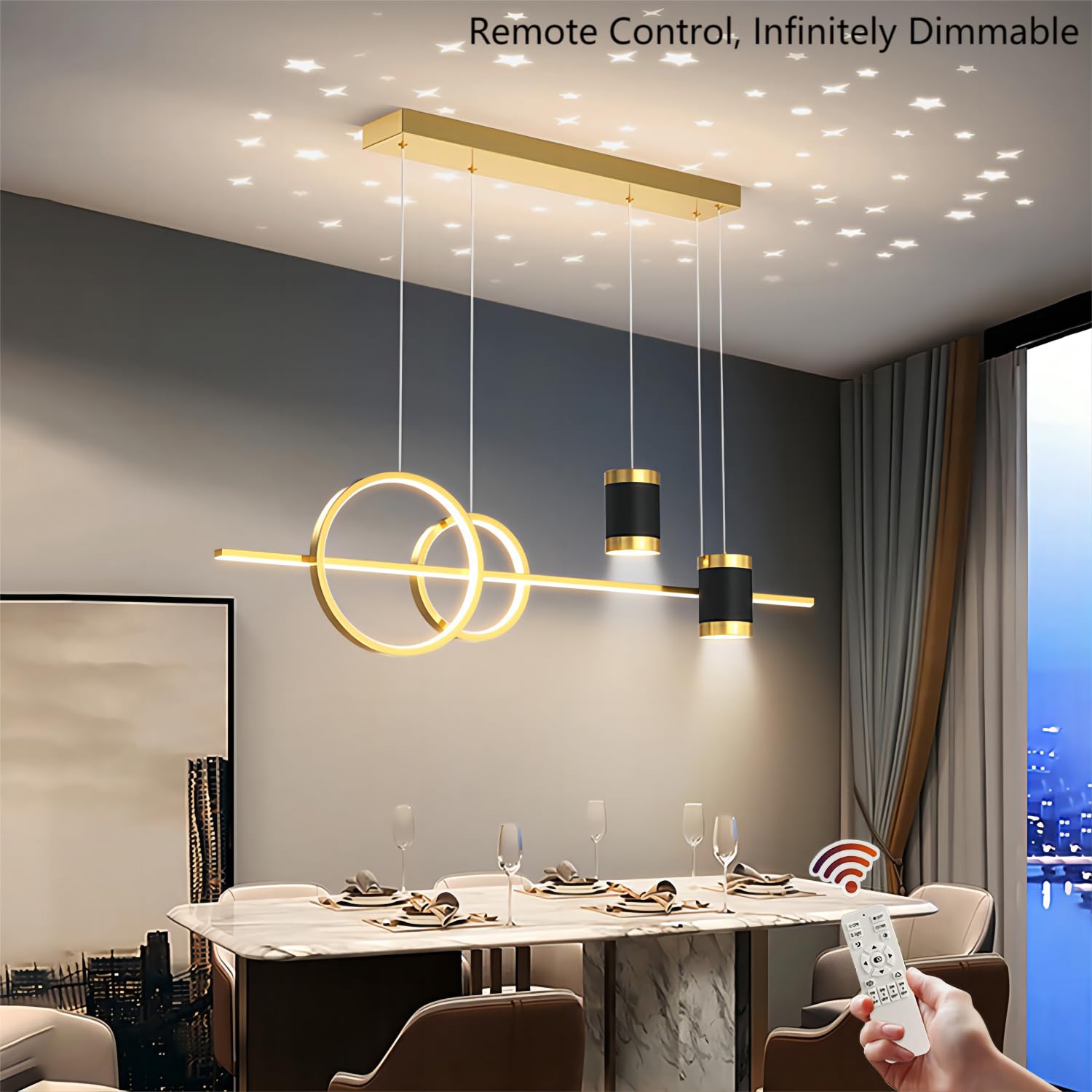 5-Light LED Island Pendant Light - 39.4 Inch Modern Geometric Linear Hanging Light with Remote Control & Dimmable Function - Perfect for Kitchen Island, Dining Room, Bar Counter and Open Concept Spaces (Black)