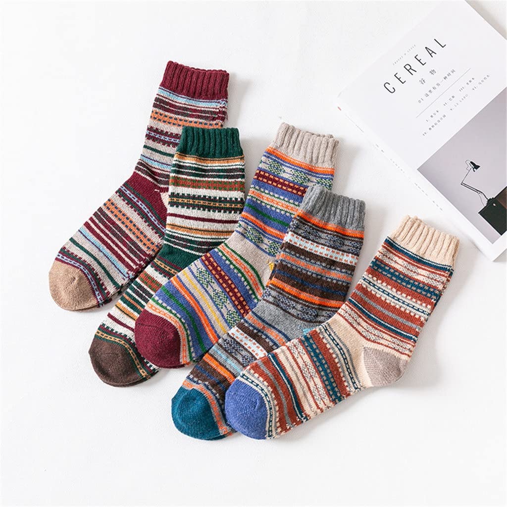 5-Pack Men's Wool Blend Striped Socks - Thick Winter Warm Crew Socks for Men - One Size Fits Most - Perfect for Hiking, Work & Cold Weather Comfort