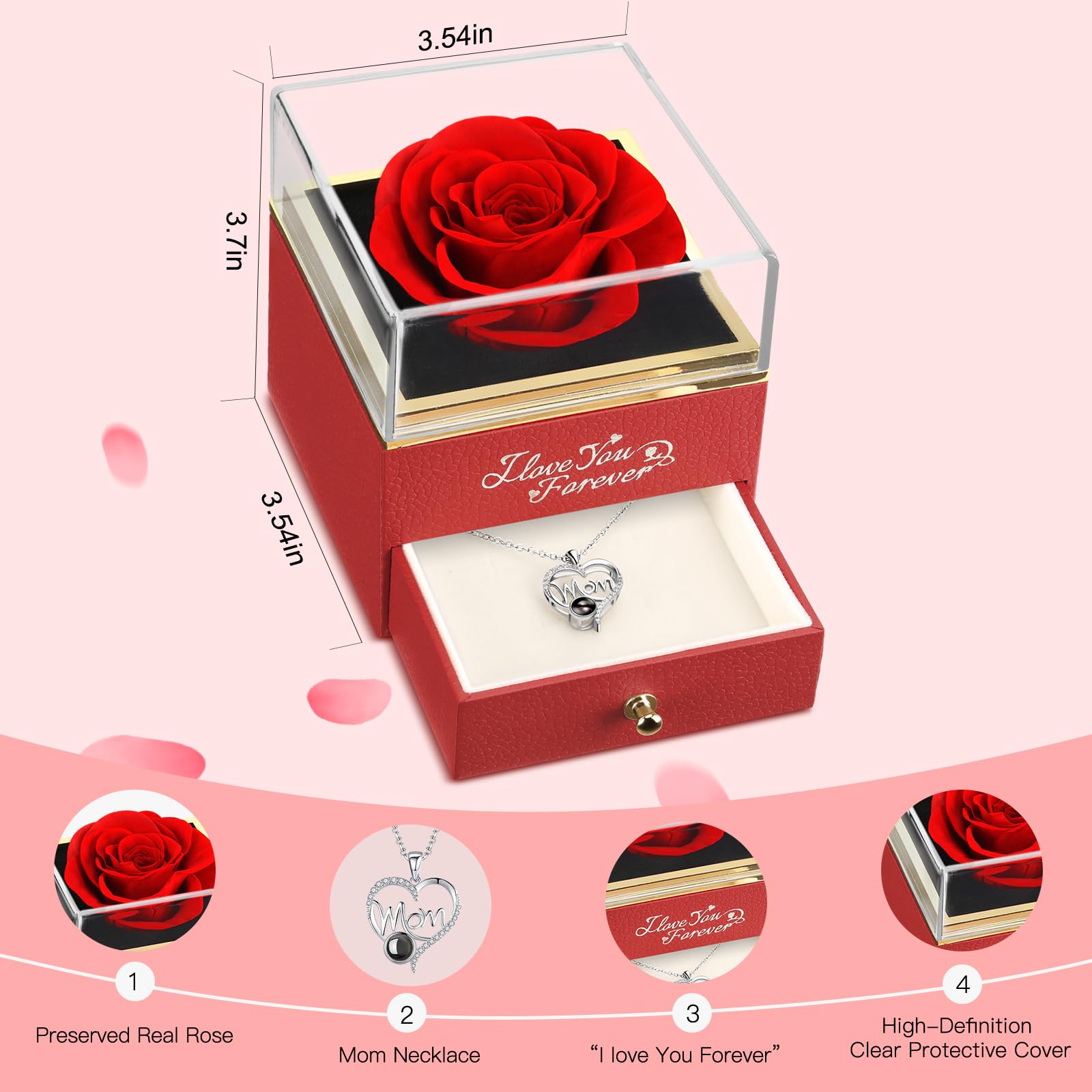 WILDLOVE Preserved Real Red Rose with Mom Necklace - Eternal Flower Gift for Mother's Day, Christmas & Birthday - Long Lasting Keepsake Jewelry for Women - Perfect for Home Decor, Anniversary Surprise & Special Occasion Gifts