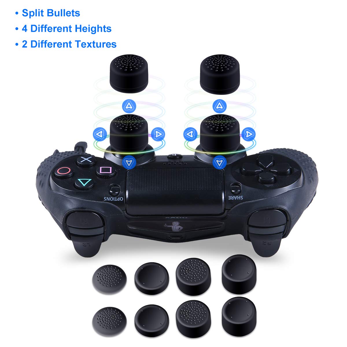 DualShock 4 Controller Silicone Skin Cover - Anti-Slip PS4 Controller Protector with Hand Strap Case & 4 Pairs Thumb Grips - Compatible with PS4, PS4 Slim, PS4 Pro (Black & White) - Perfect for Gaming, Streaming & Long Play Sessions