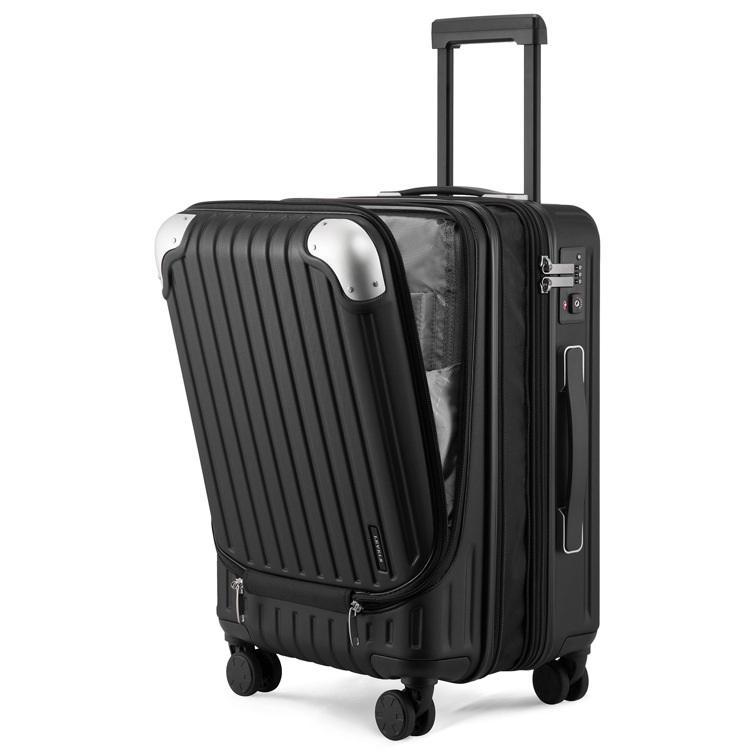 LEVEL8 Grace 20 Inch Expandable Hard Shell Carry-On Luggage with Front Compartment, TSA Lock & Smooth Wheels - Lightweight Airplane Suitcase for Business Travel & Weekend Getaways (Black)