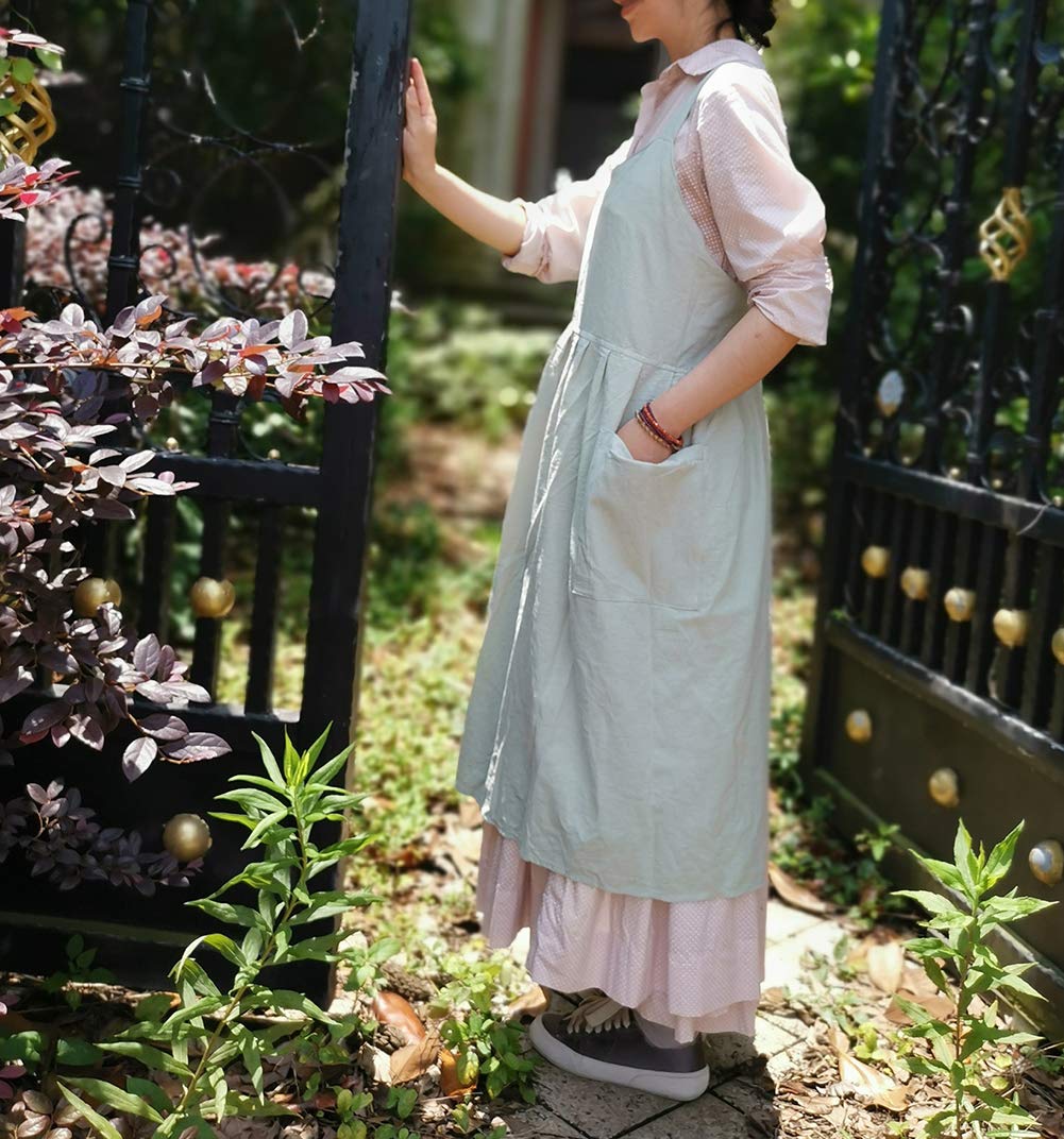NEWGEM Women's Cotton Linen Criss Cross Back Apron with Pockets - Japanese Korean Style Cute Kitchen Smock Pinafore - Perfect for Cooking, Baking, BBQ & Hosting Parties
