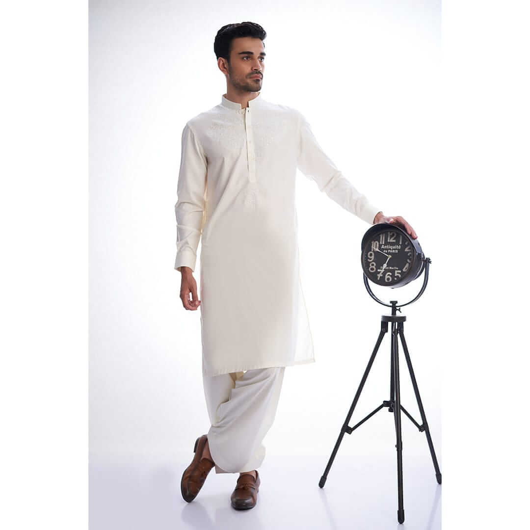 Elegant Ivory Embroidered White Shalwar Kameez - Traditional Pakistani Outfit for Women - Perfect for Weddings, Festivals & Special Occasions
