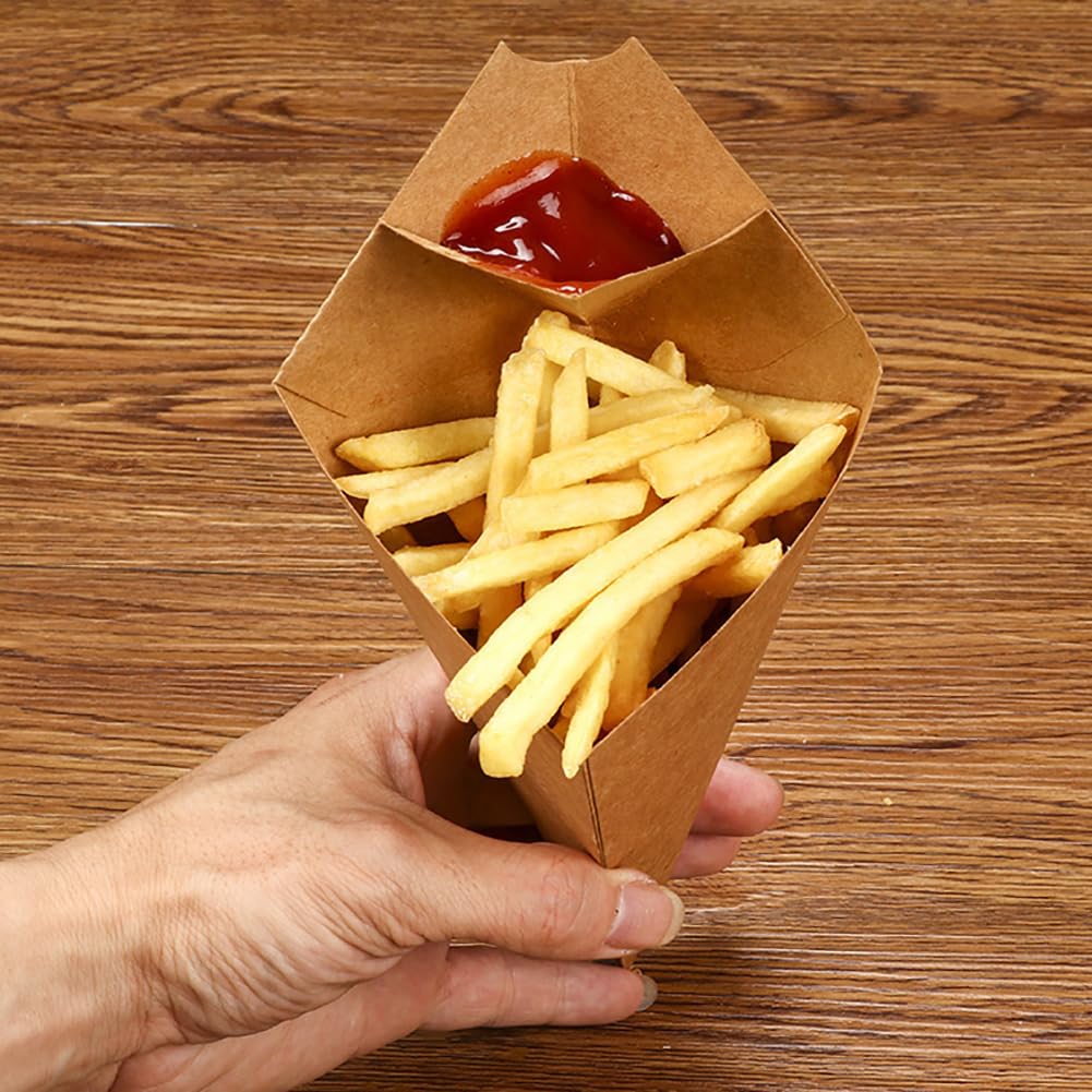 50 Pcs Brown French Fry Cone Holders with Built-in Dipping Pocket - Medium Paper Fry Bags for Appetizers, Party Food Containers | Perfect for Fast Food, Movie Nights & Outdoor Events