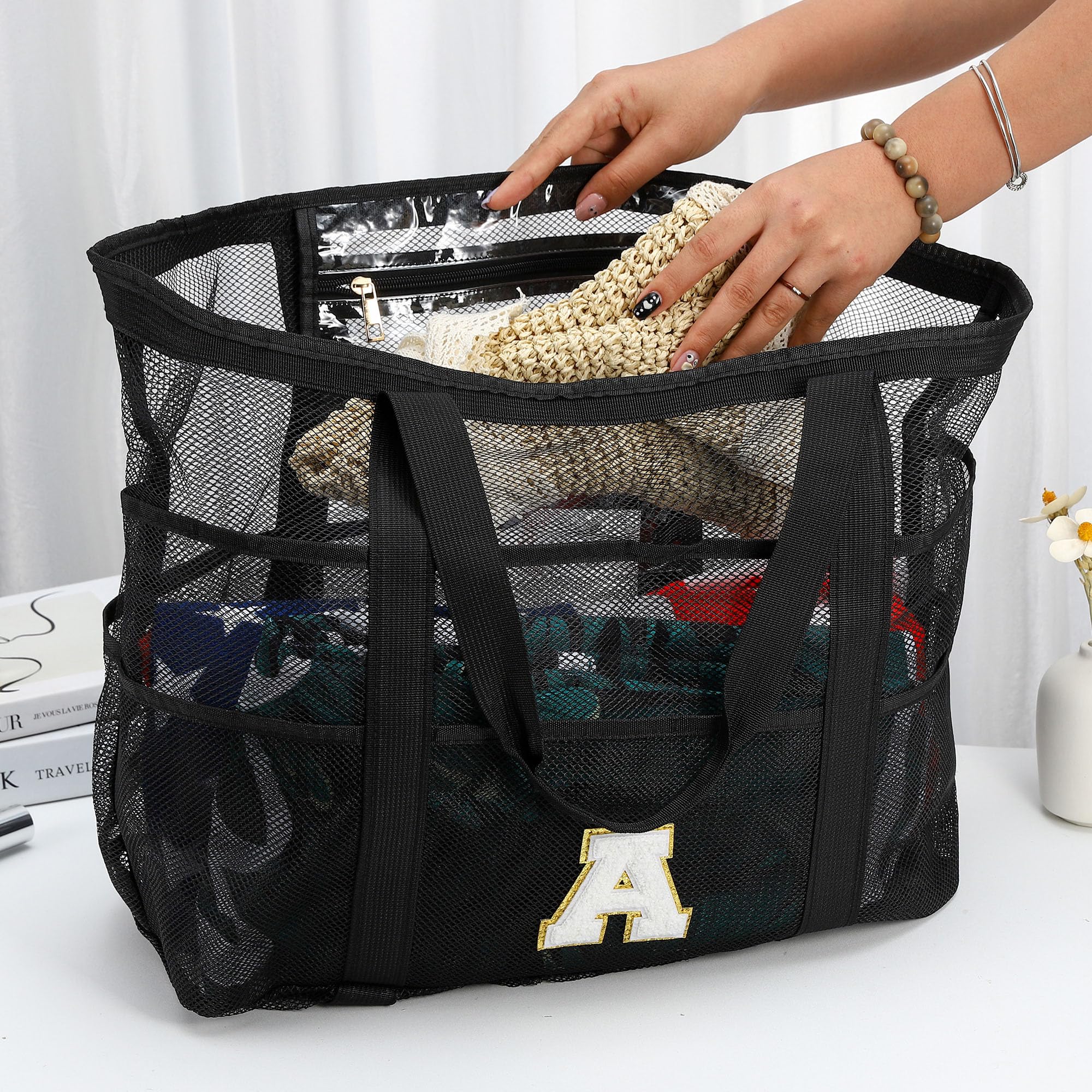 YOOLIFE Personalized Mesh Beach Bag with Initial & Pockets - Large Waterproof Tote for Swimming, Travel, and Vacation - Perfect Gift for Women Birthday, Bridesmaid, and Summer Outings