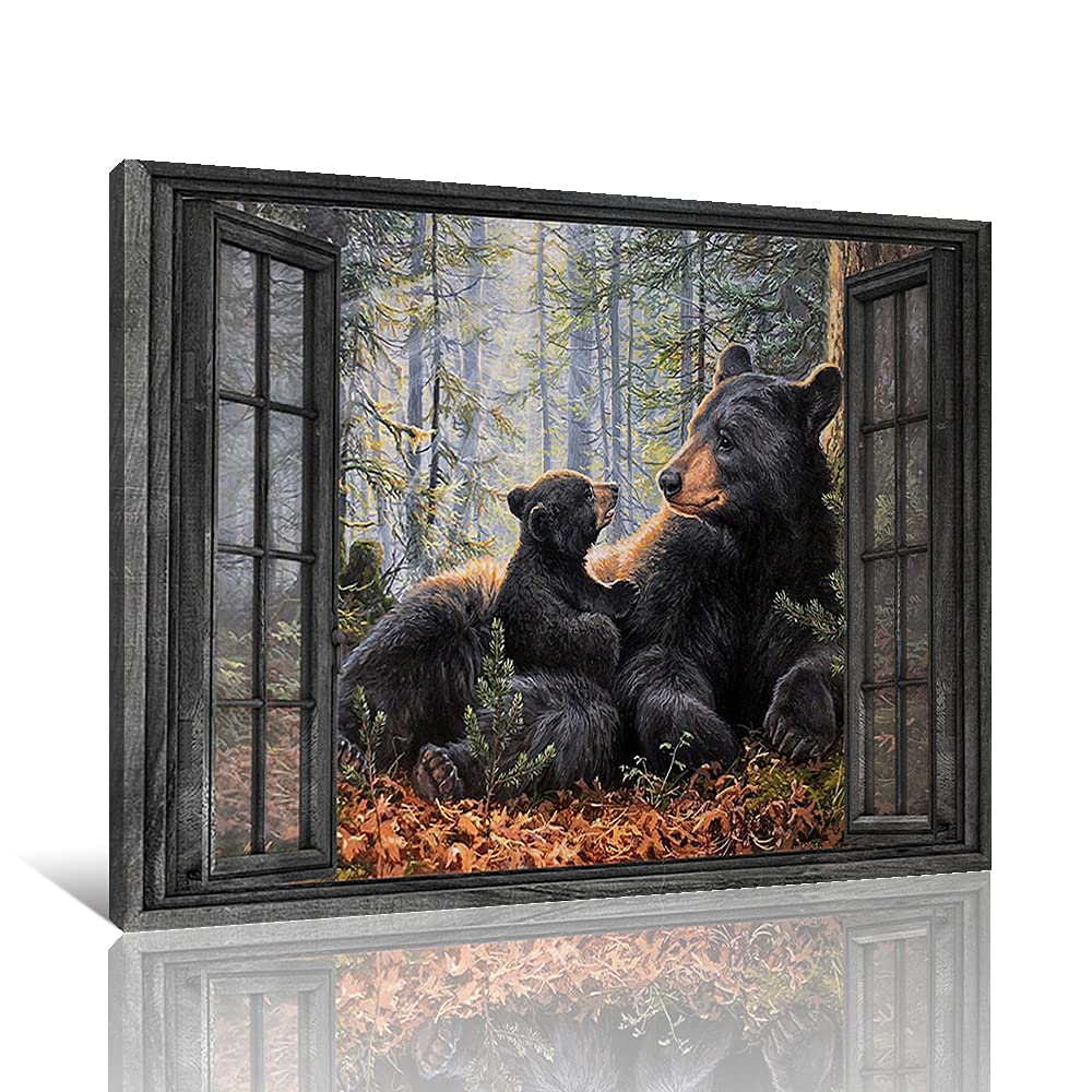 GUBIYU Black Bear Wall Art Canvas Painting - Cute Mother and Son Bear Forest Picture, Fake Window Poster, Wildlife Decor for Kids Room (40x28 inch, Ready to Hang) - Perfect Nursery Decor, Children's Bedroom Wall Art & Wildlife Themed Home Decor