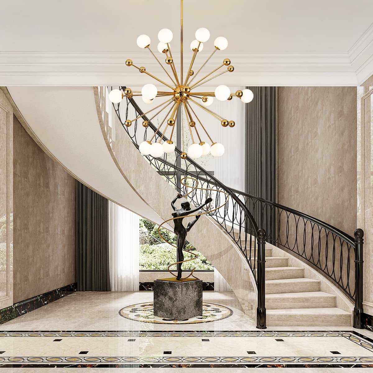 Modern Globe Chandelier - 18-Light Gold Sputnik Flush Mount Ceiling Light with White Glass Balls, Adjustable Height - Perfect for Dining Room, Living Room, Bedroom & Entryway Lighting