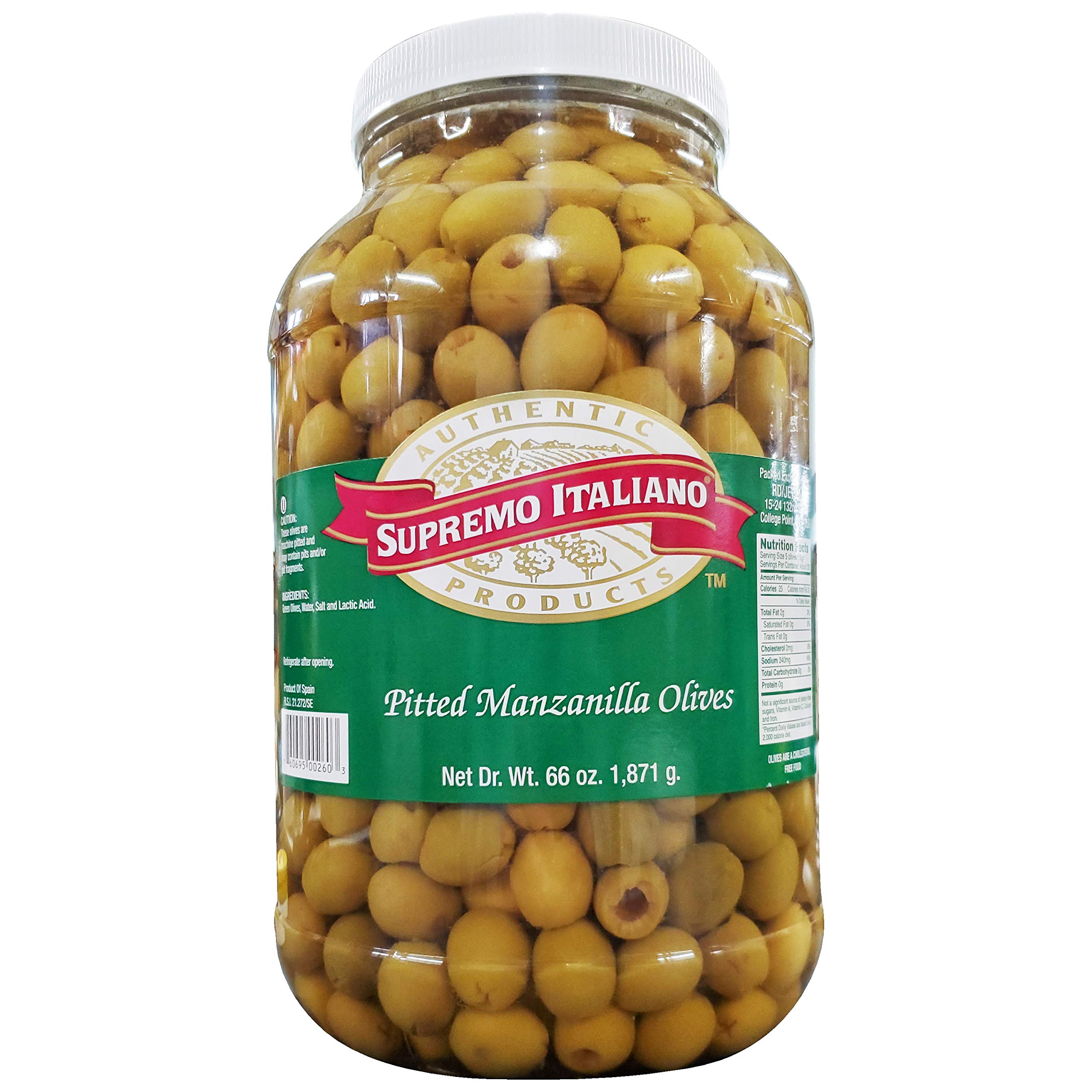 Supremo Italiano Pitted Manzanilla Olives 66oz (1.95L) - Premium Spanish Green Olives in Brine - Perfect for Salads, Charcuterie Boards & Mediterranean Recipes