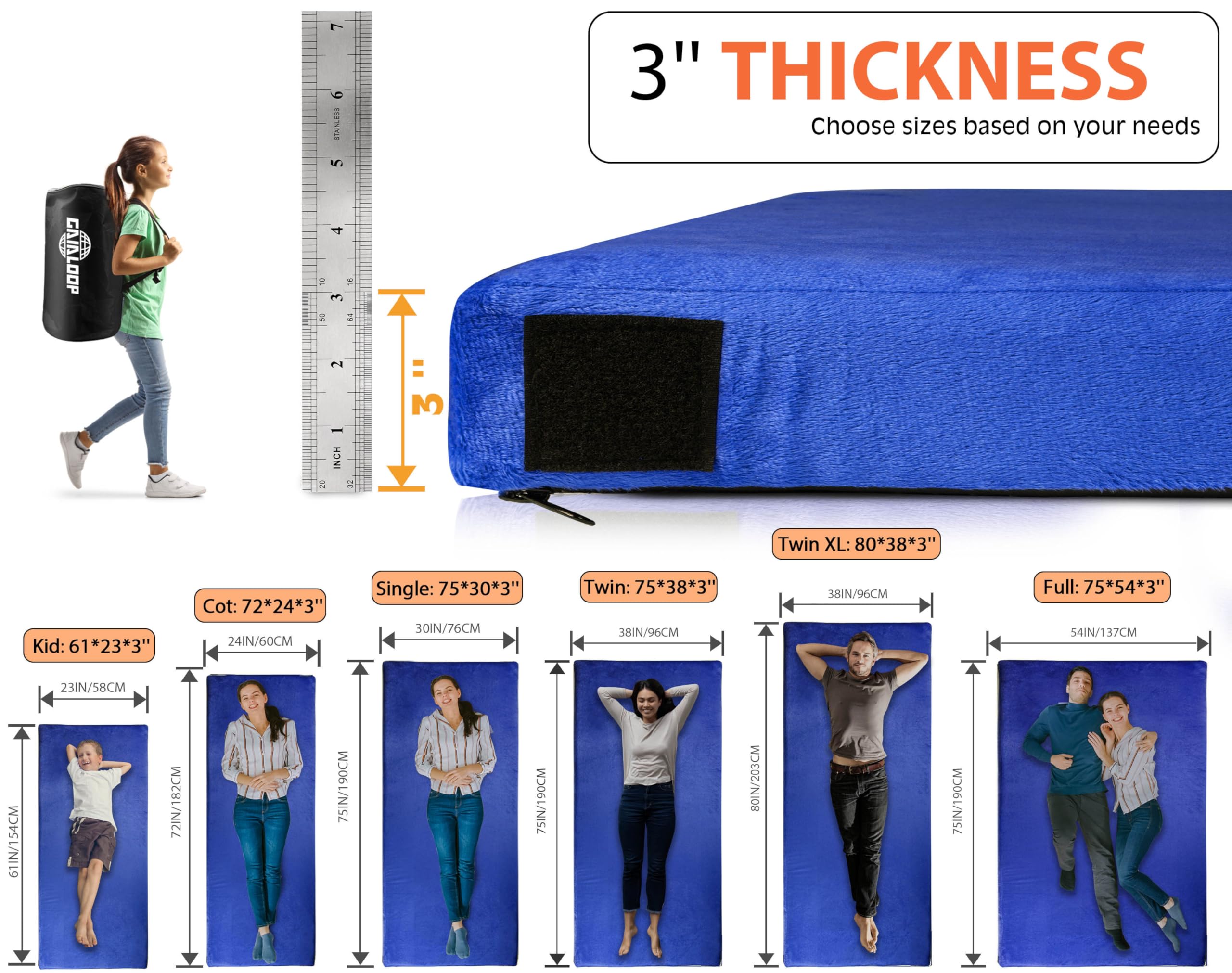 3 Inch Thick Memory Foam Camping Mattress - Portable Sleeping Pad for Tent, Car & Cot - Roll Up Floor Mat for Glamping, Guest Sleepovers & Outdoor Adventures