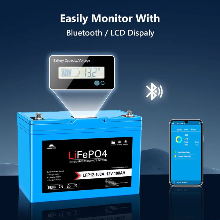 12V 100AH LiFePO4 Deep Cycle Lithium Battery with Bluetooth, Self-Heating & IP65 Waterproof - Perfect for RVs, Solar Systems, Marine Applications & Off-Grid Power
