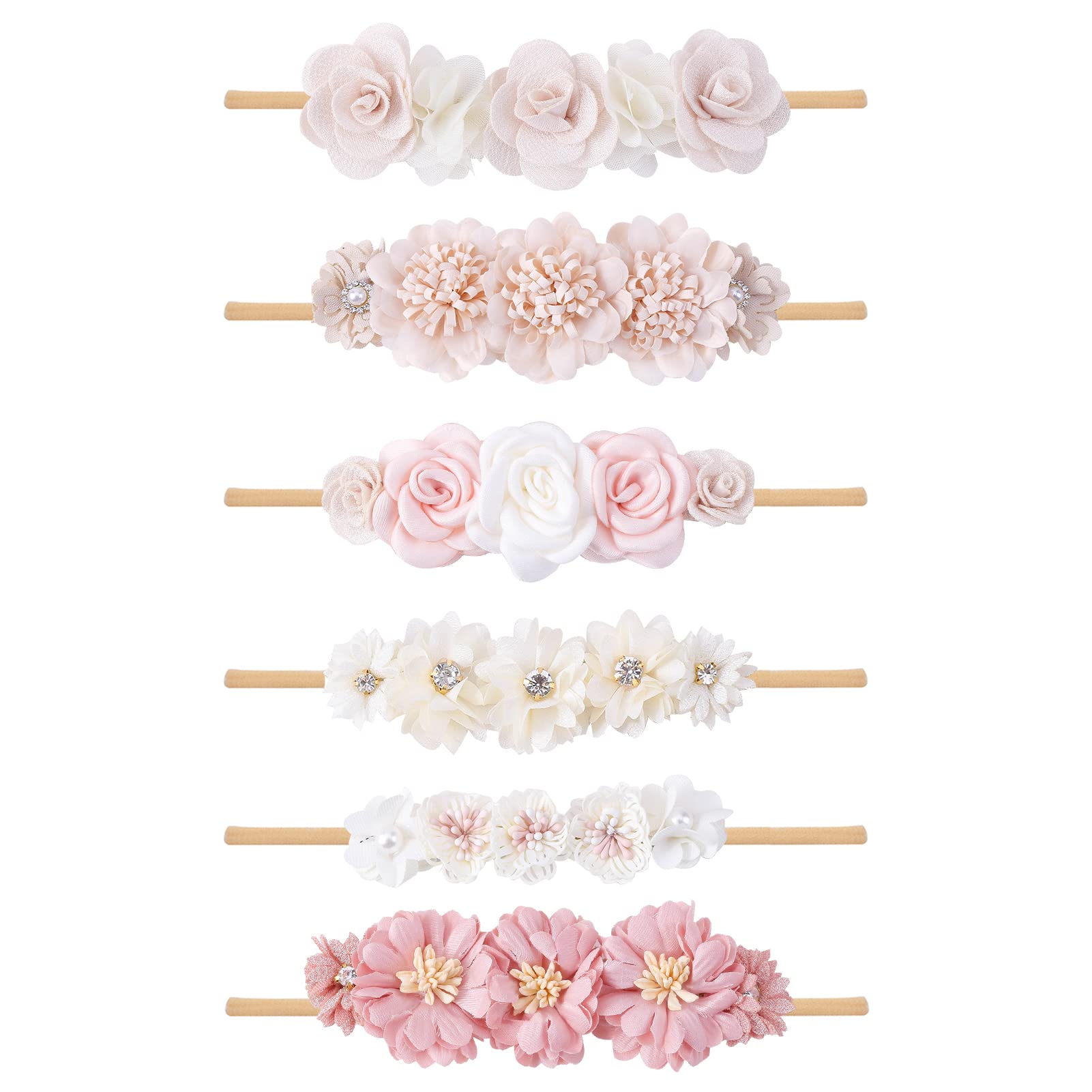 **6-Pack Baby Girl Headbands - Soft Nylon Flower Hairbands for Newborns, Infants & Toddlers | Stretchy Elastic Hair Accessories for Photos, Parties & Everyday Wear**