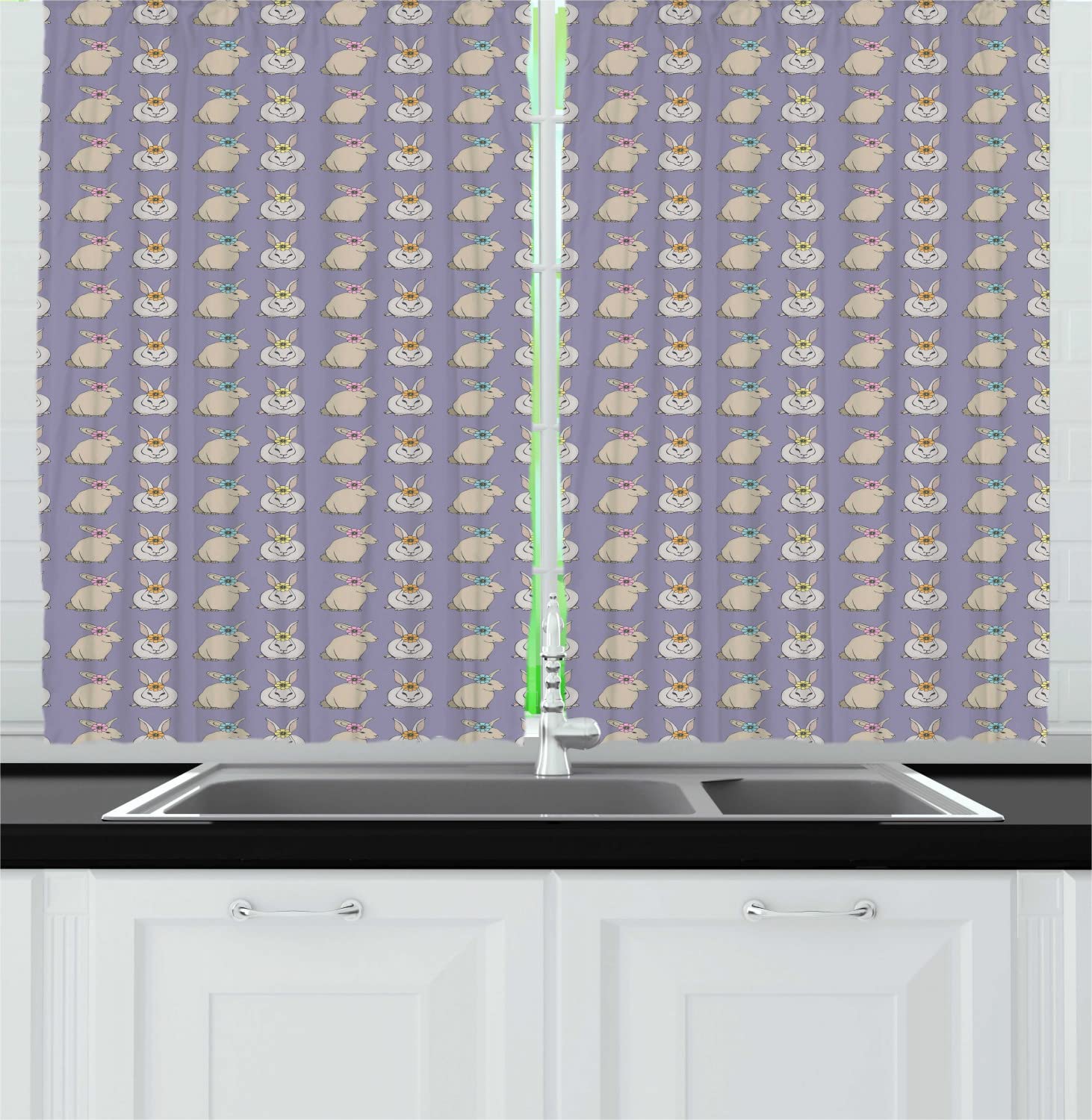 Ambesonne Rabbit Print Long Kitchen Curtains - Floral Bunny Design with Rod Pocket, 55