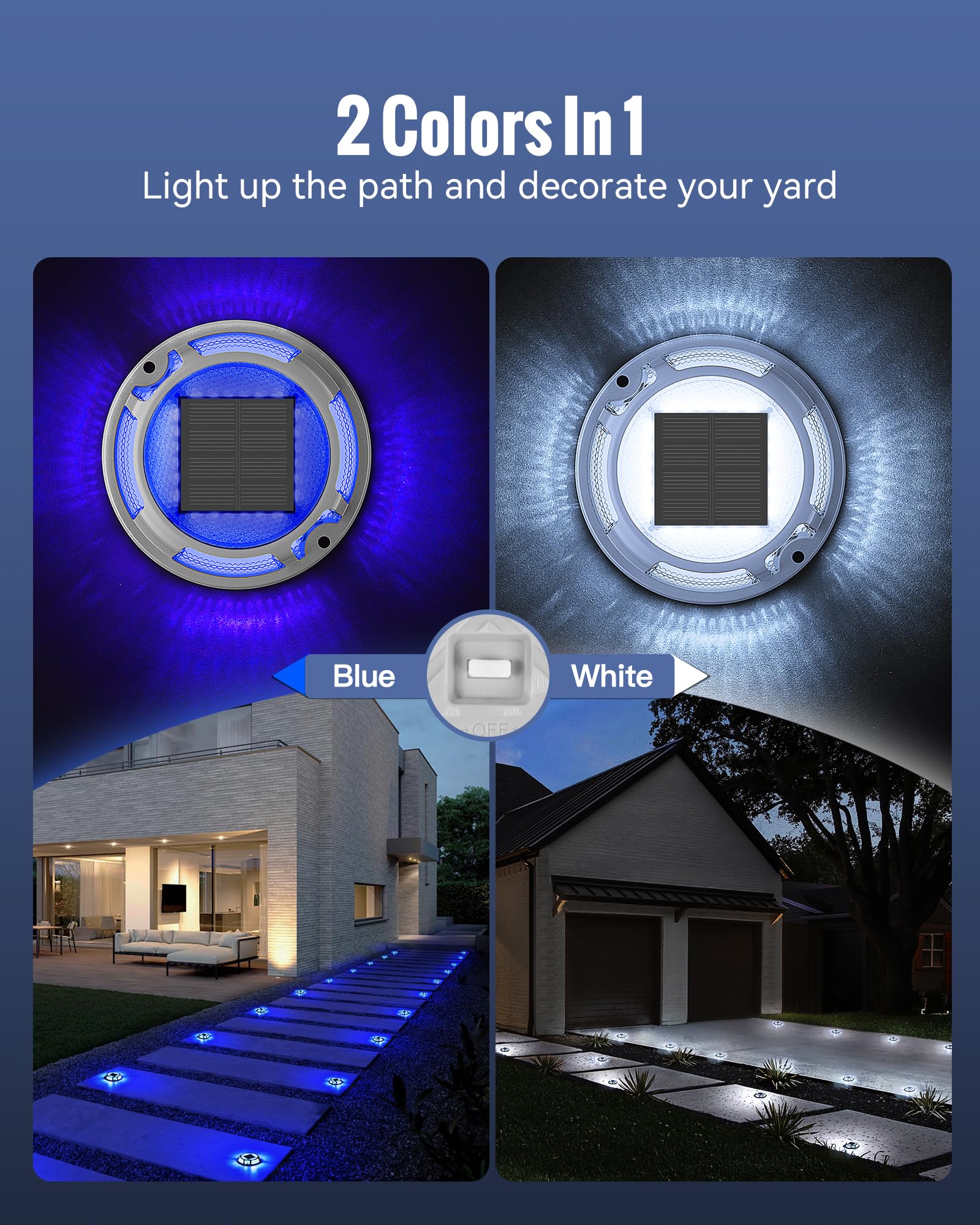 Solar Powered LED Driveway Lights - Waterproof Outdoor Solar Deck Lights (4 Pack, Blue & White) for Pathway, Stairs, Steps - Perfect for Garden, Patio, and Landscape Lighting at Night