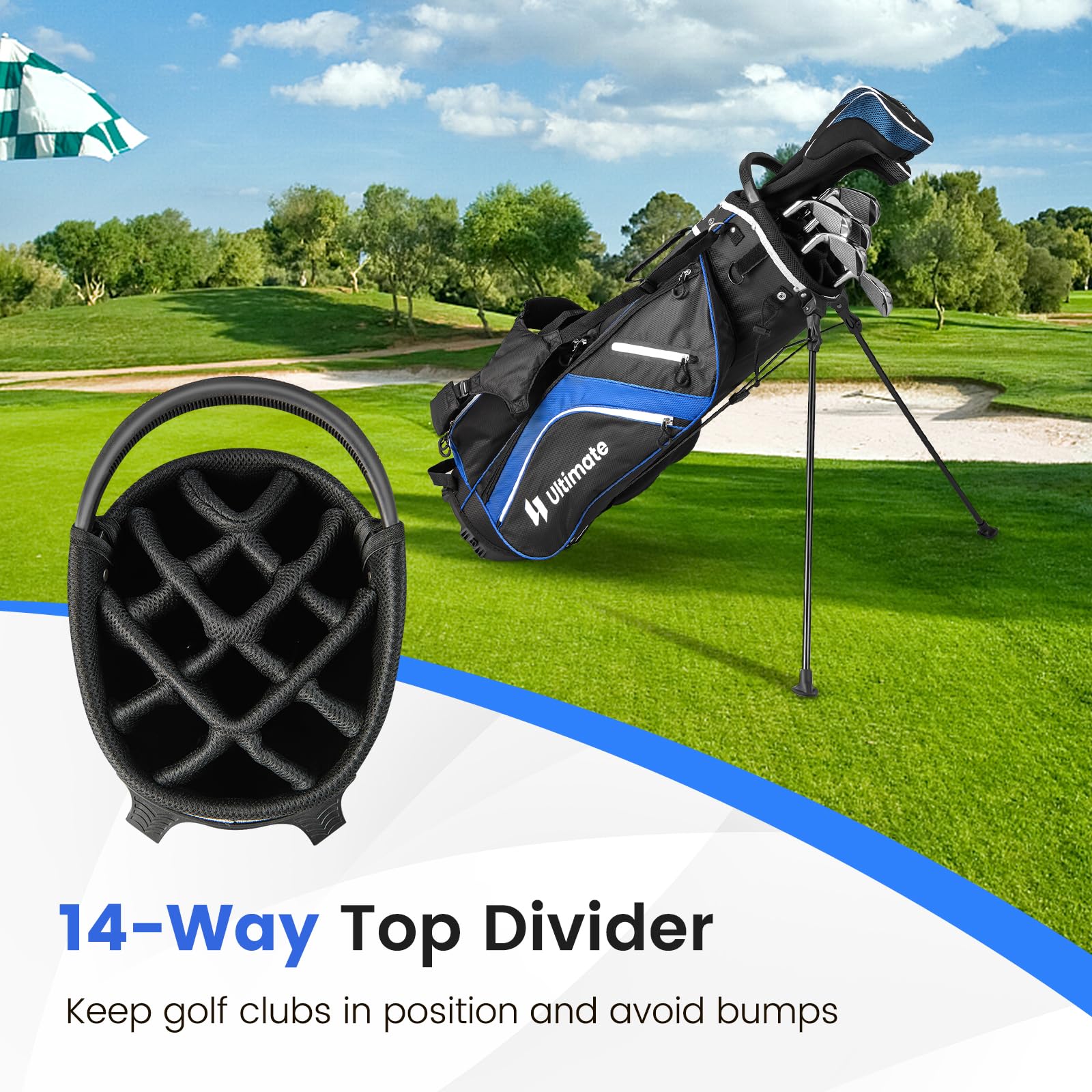 Goplus 14-Way Top Dividers Lightweight Golf Stand Bag with Cooler Pocket - 6 Zippered Pockets, Dual Shoulder Straps & Rain Hood - Portable Golf Bag for Men & Women - Perfect for Course Play, Driving Range & Travel