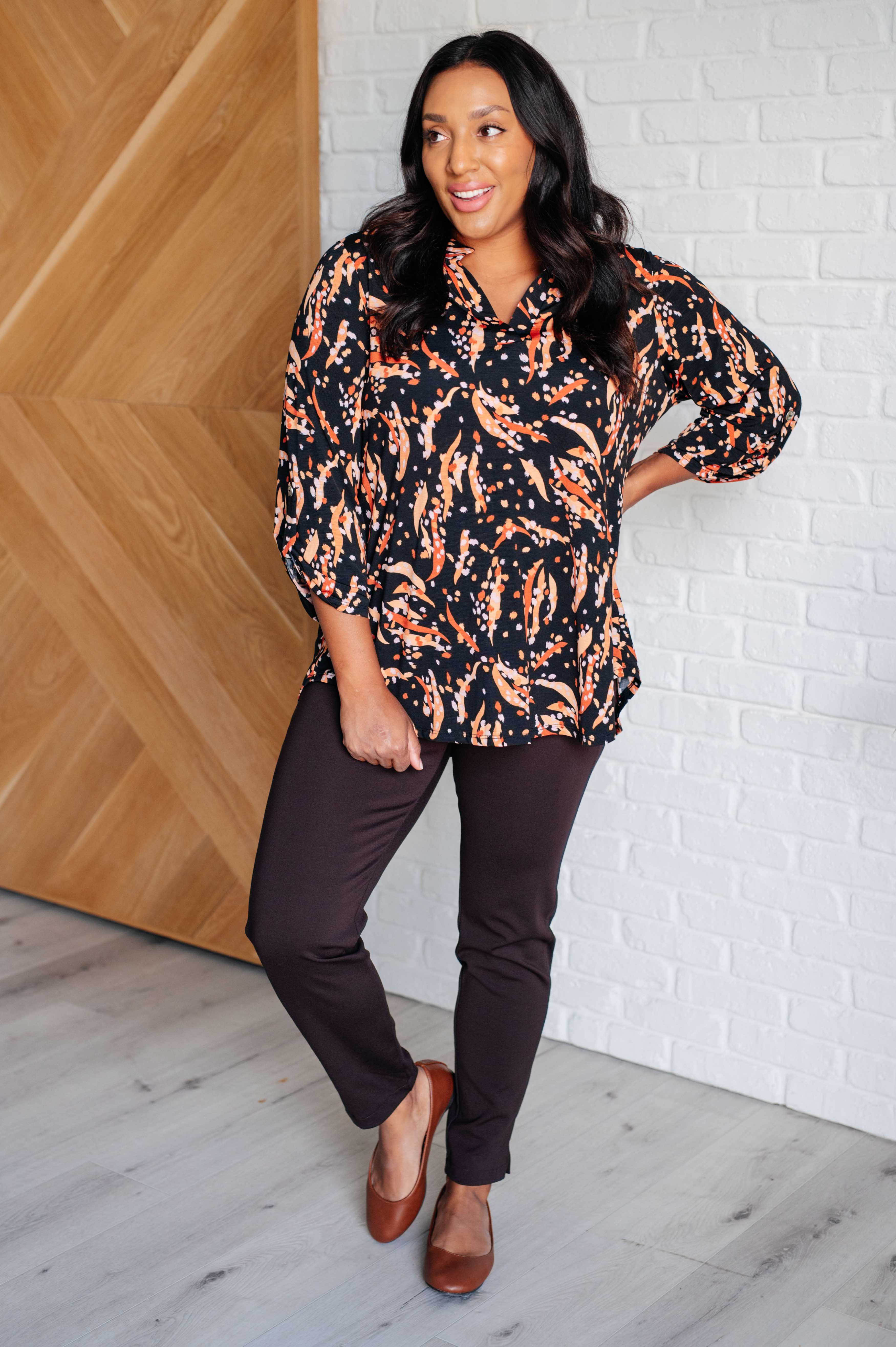 Lizzy Top Women's Abstract Print Blouse in Rust & Taupe - Casual Chic Shirt for Work, Date Night & Everyday Wear