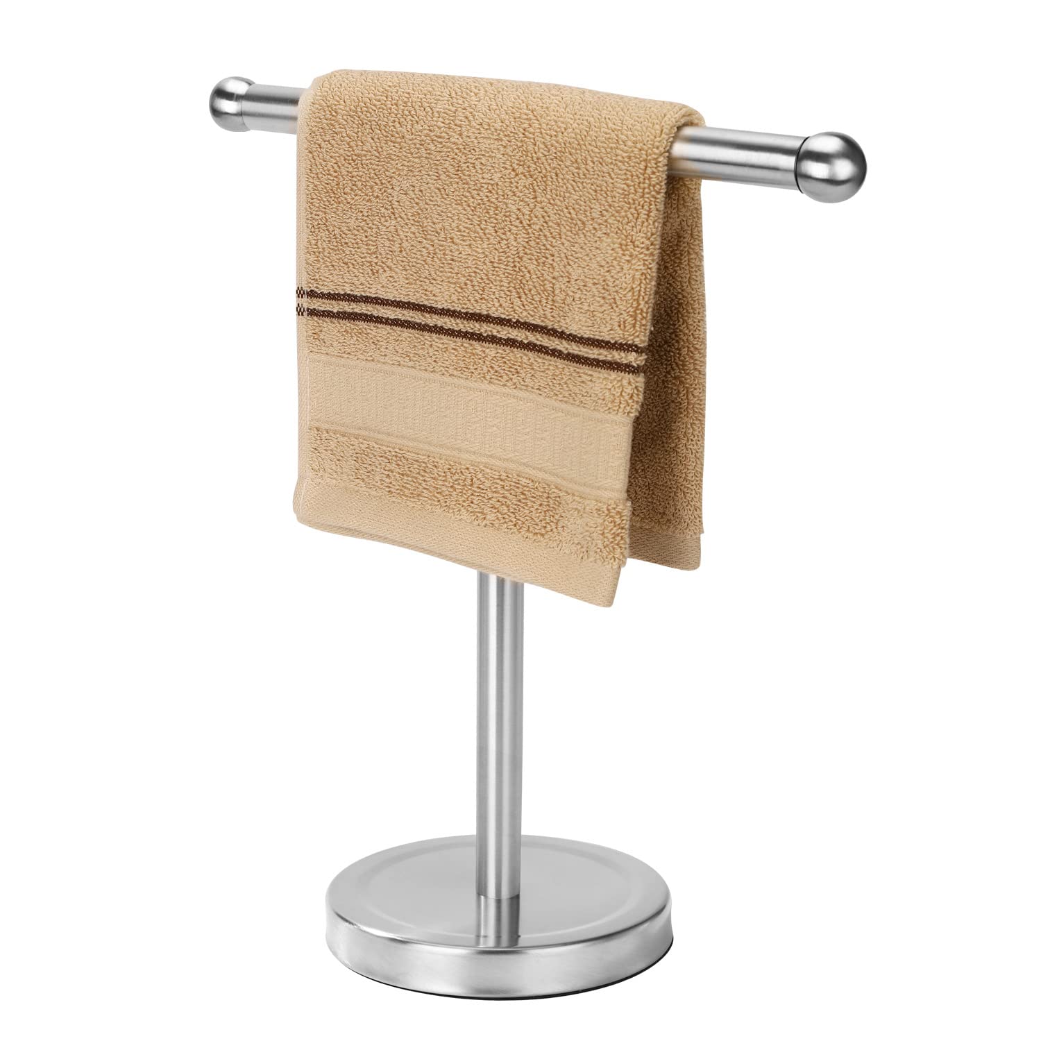 Stainless Steel T-Shape Free Standing Hand Towel Holder Stand with Heavy Base - Brushed Nickel Bathroom Countertop Towel Rack for Kitchen, Bath, Spa & Guest Room Decor
