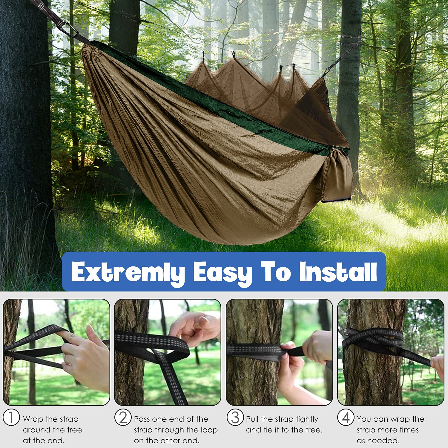 Gold Armor Camping Hammock with Mosquito Net - Heavy Duty Double Hammock for Outdoor Adventures, Backpacking, Travel & Beach - Portable Lightweight Camping Gear (Khaki & Green) - Perfect for Backyard Relaxation, Forest Camping & Beach Lounging