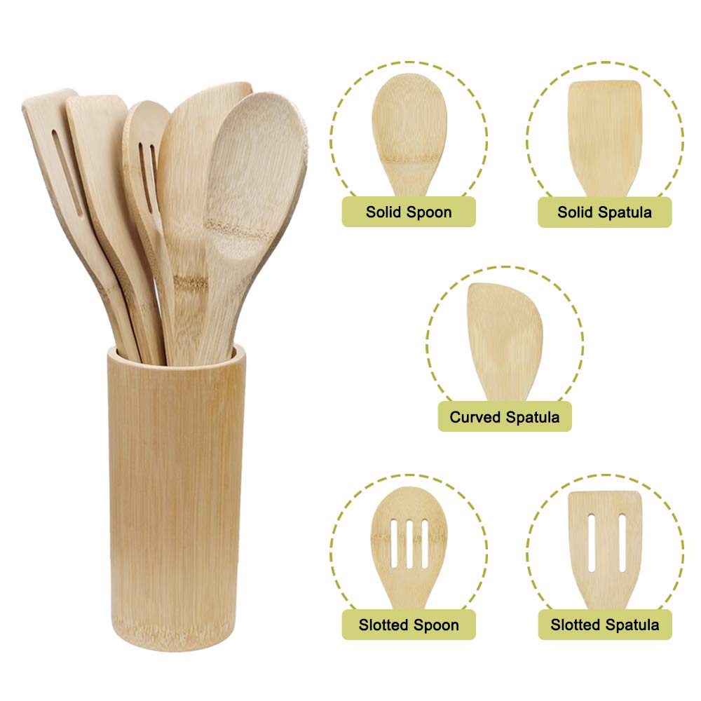 **Personalized 5-Piece Bamboo Cooking Utensil Set with Holder - Custom Engraved Wooden Kitchen Utensils, Spatula & Spoon for Nonstick Cookware & Wok - Eco-Friendly & Durable - Perfect Gift for Home Chefs & Cooking Enthusiasts - Ideal for Sauteing, Stir-Frying & Baking**
