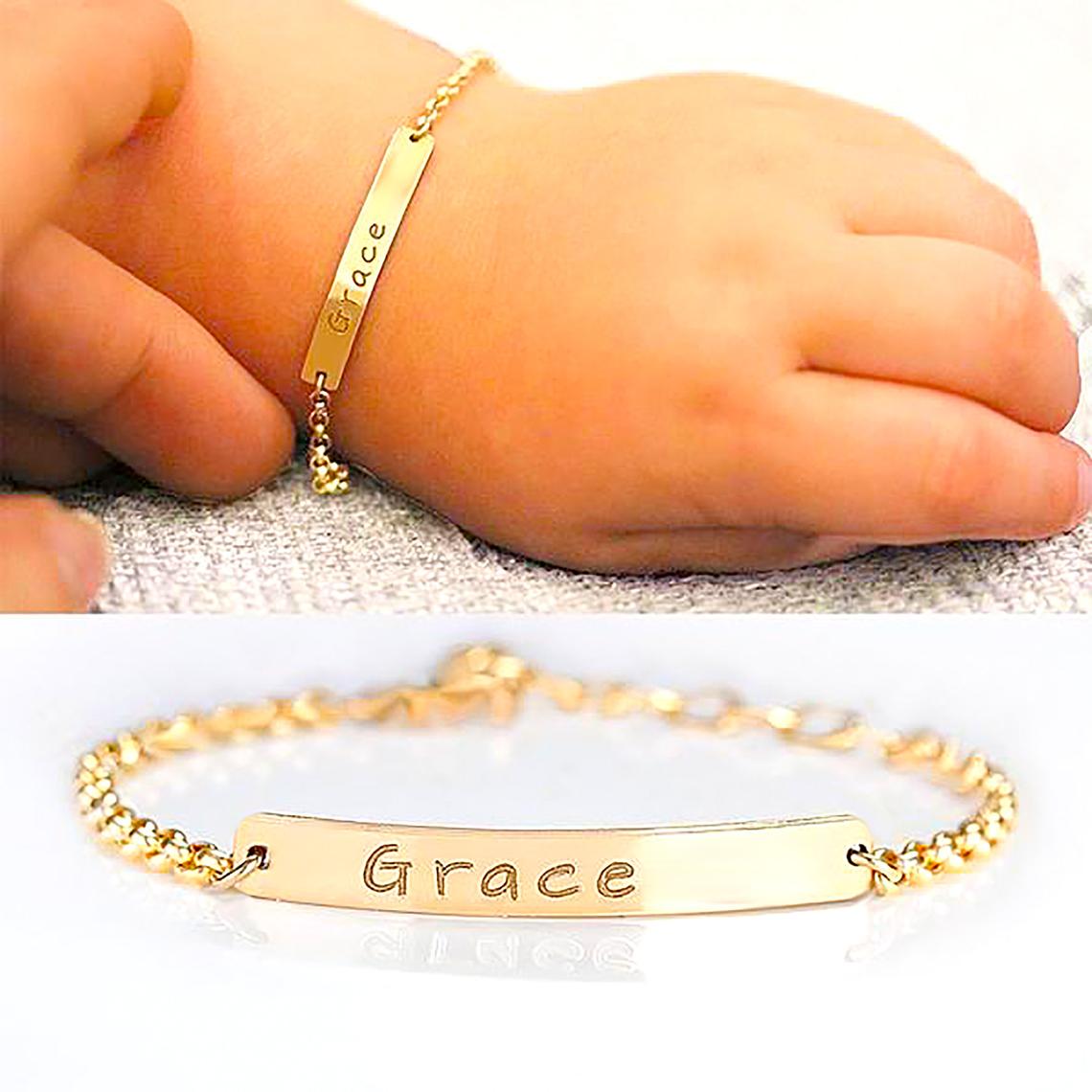 14K Solid Gold Personalized Name Baby Bracelet - Custom Engraved Infant Jewelry Gift for Christening, Birthday & Special Occasions