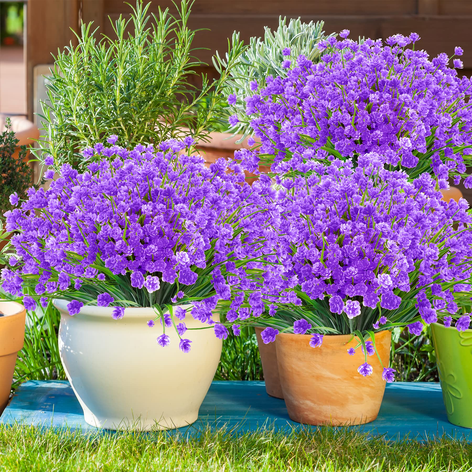 AUSTOR 10 Bundles UV Resistant Artificial Flowers Outdoor Fake Faux Plastic Flowers Shrubs Plants for Garden Home Window Box Decor - Perfect for Patio, Porch, Lawn & Wedding Decoration (Violet)