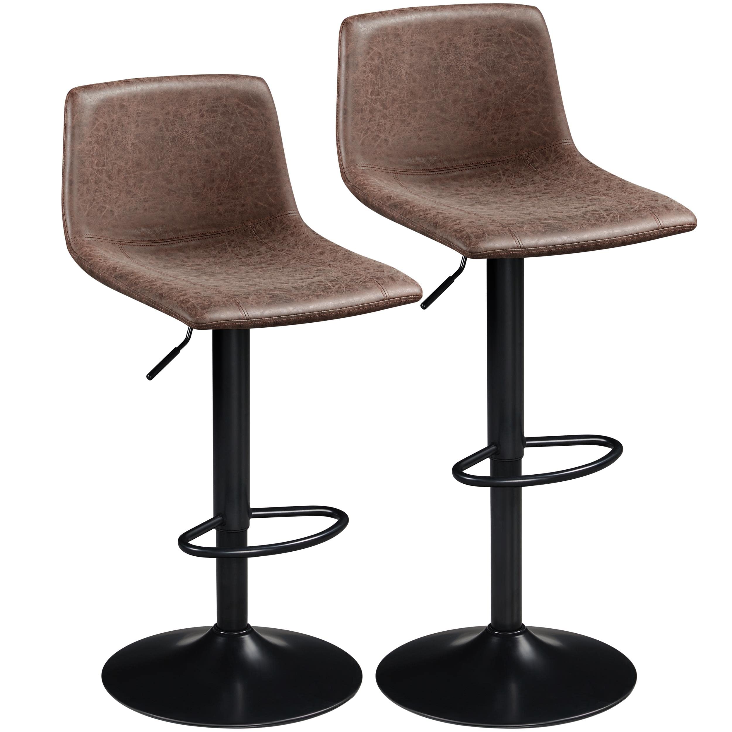 Vintage Retro Rustic Swivel Bar Stools Set of 2 - Adjustable Height Kitchen Counter Stools for Dining Room, Bar & Pub - Brown Wooden Bar Chairs with Arts Design