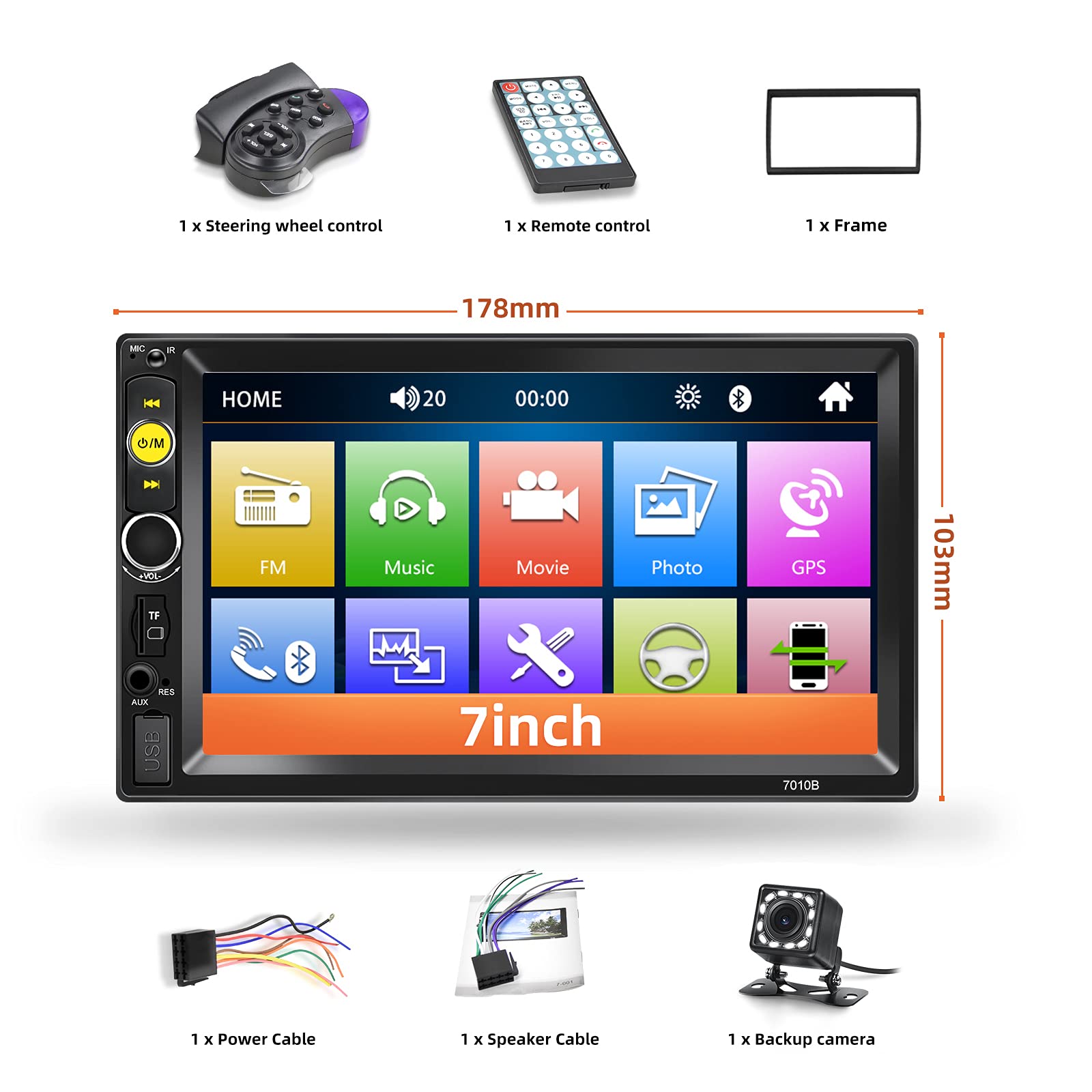 7 Inch Double Din Bluetooth Car Stereo with HD Touch Screen | Backup Camera Support & Mirror Link for Android/iOS | Perfect for Hands-Free Calling & Safe Reversing