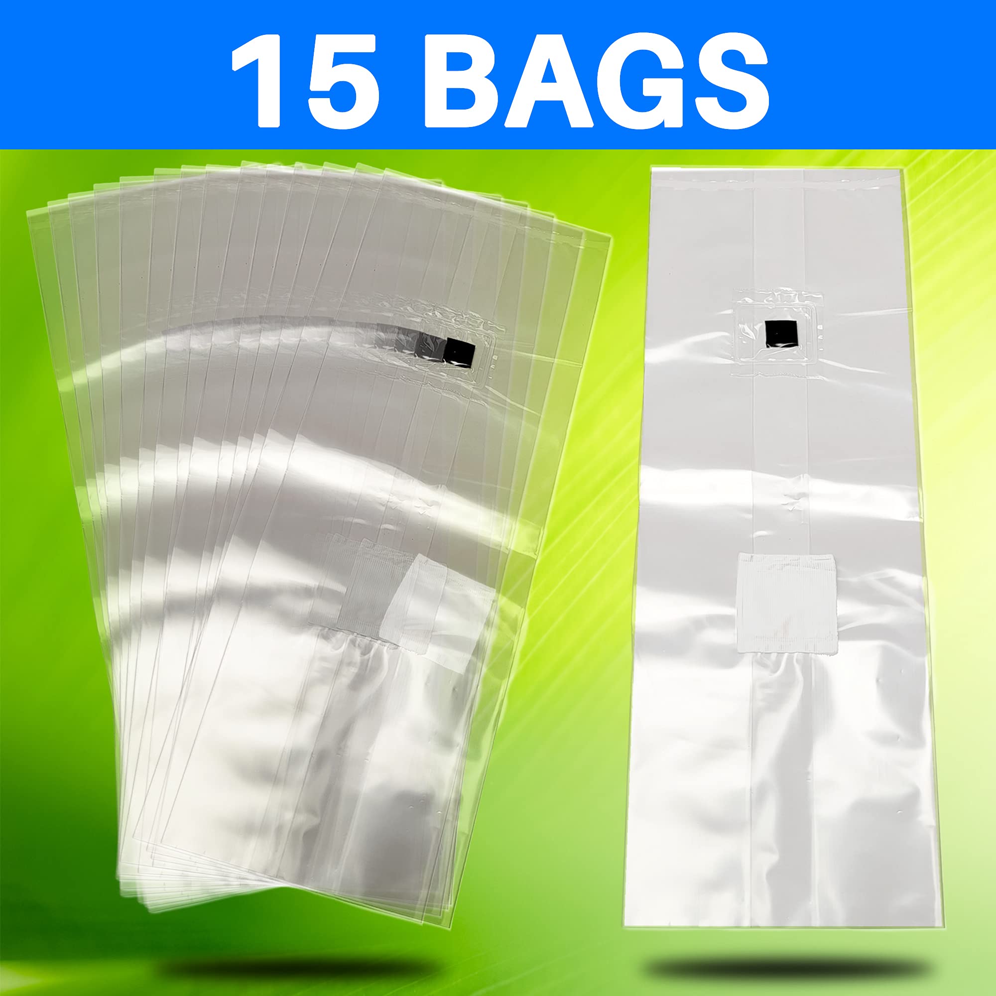 Premium Mushroom Grow Bags with Self-Healing Injection Port - 15 Pack - 0.2 Micron Filter Patch - 3mm Thick Polypropylene - Autoclavable, Durable & Tear-Resistant for Home Mushroom Cultivation, Organic Farming & Mycology Research