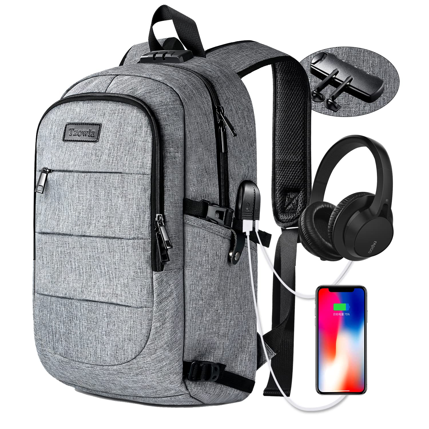Anti-Theft Water Resistant Laptop Backpack for Men & Women - 15.6 Inch USB Charging Travel Work Computer Bag with Lock (Grey) - Perfect for Business Trips, College, Commuting & Daily Use