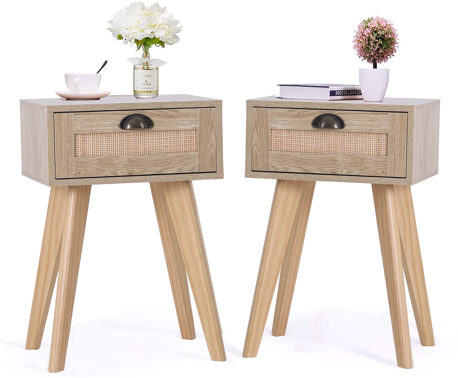 PHI VILLA Mid Century Rattan Nightstands Set of 2 - Boho Bedside Tables with Storage Drawer, Small Space End Tables for Living Room & Bedroom - Perfect for Apartment Decor & Cozy Reading Nook