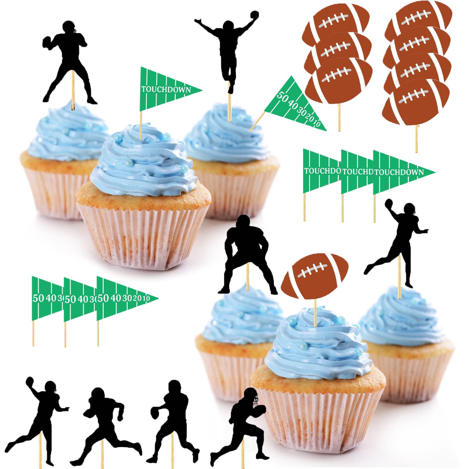 24pcs American Football Cupcake Toppers - Super Bowl Party Decorations, Rugby Sports Theme Birthday Cake Toppers for Boys | Perfect for Super Bowl Parties, Kids Birthday Cakes & Sports Themed Events