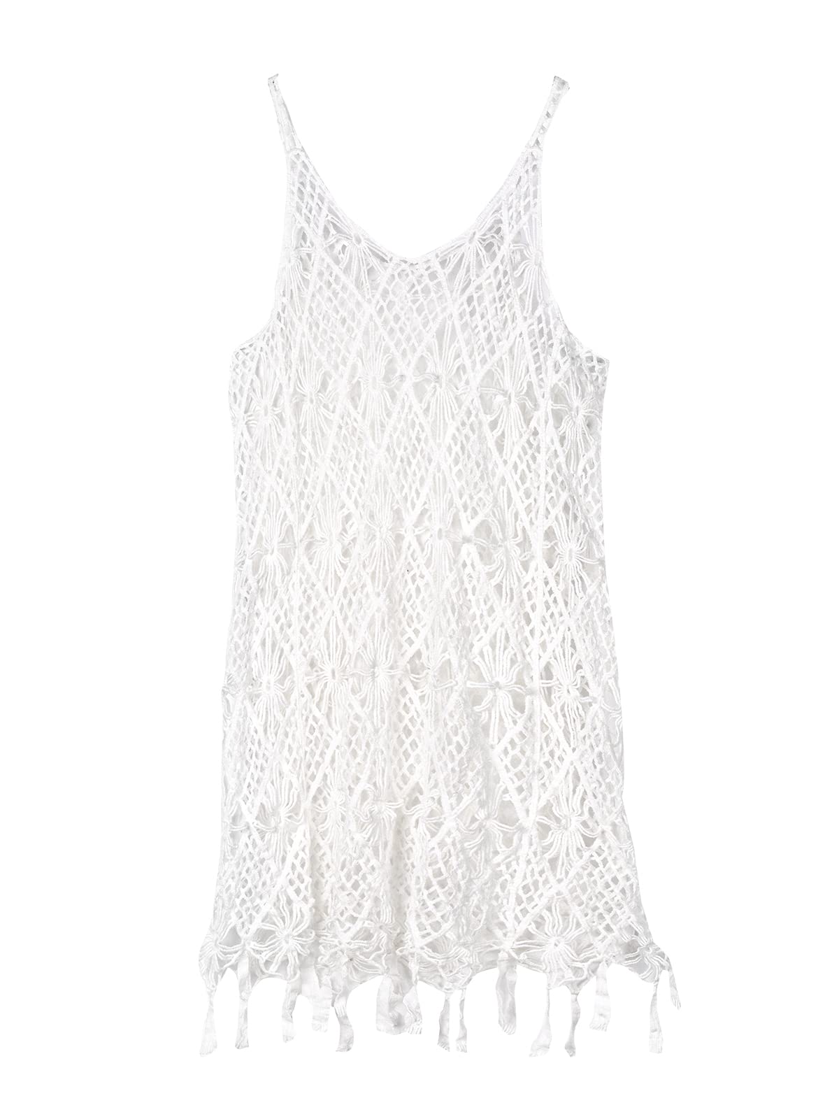 CUPSHE Women's Crochet Cover Up Dress - V Neck Tassel Beach Dress with Fixed Straps | Perfect for Beach Vacation, Pool Party & Summer Outfits
