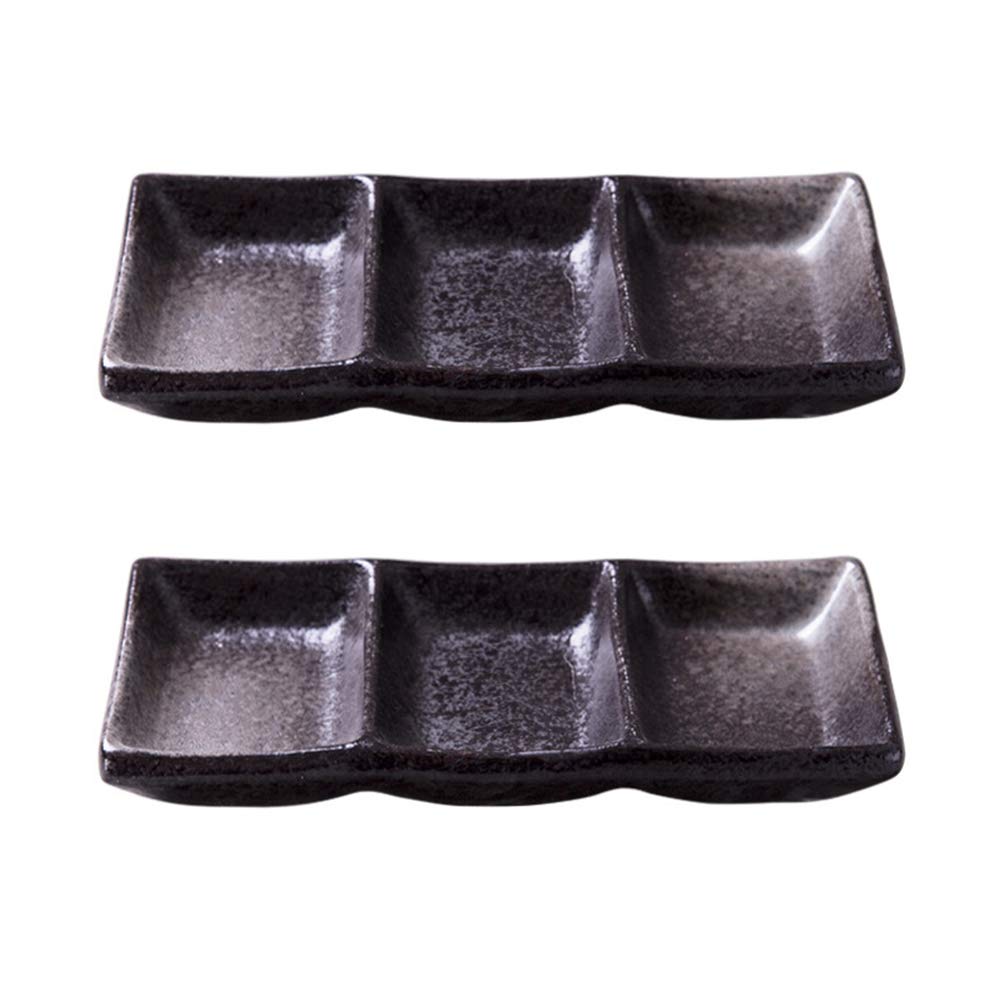 Cabilock 2-Piece Ceramic Square Sauce Dishes - 3 Grid Dipping Bowls for Sauces, Fruits, Desserts & Appetizers | Perfect for Dinner Parties, BBQs & Entertaining