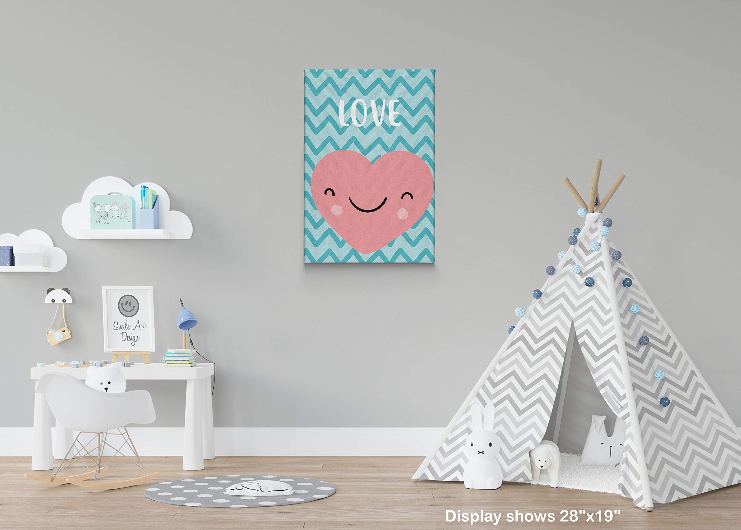 Smile Art Design Lovely Heart Love Lettering Blue Background Canvas Print - Nursery Wall Art for Baby & Kids Room Decor - Ready to Hang 22x15 Inches - Made in USA - Perfect for Nursery, Bedroom & Playroom Decor