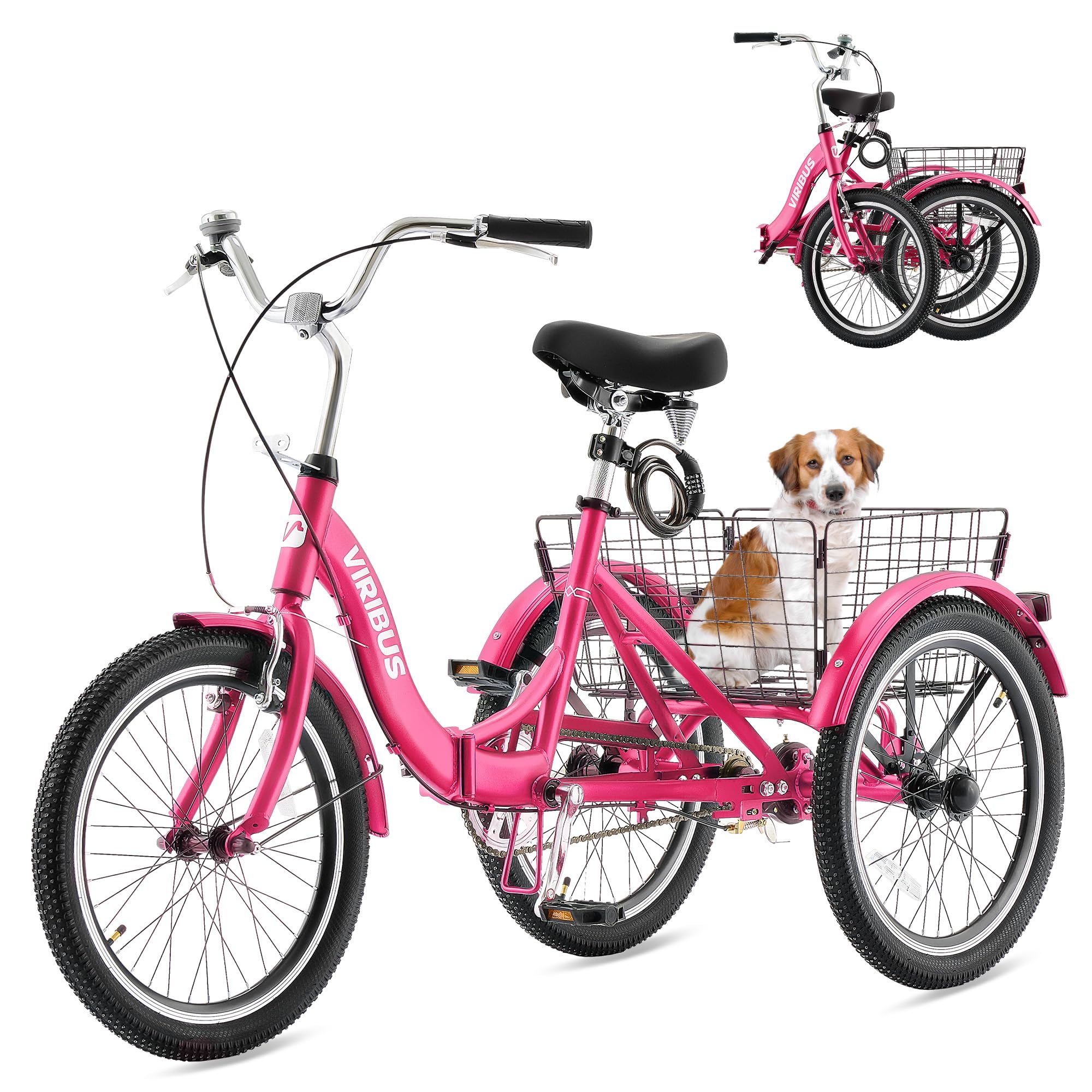 Viribus 20 Inch Folding Adult Tricycle - 1/7 Speed 3 Wheel Bike with Lock, 330lb Capacity - Foldable Trike for Men, Women & Seniors - Perfect for Commuting, Grocery Shopping & Outdoor Recreation