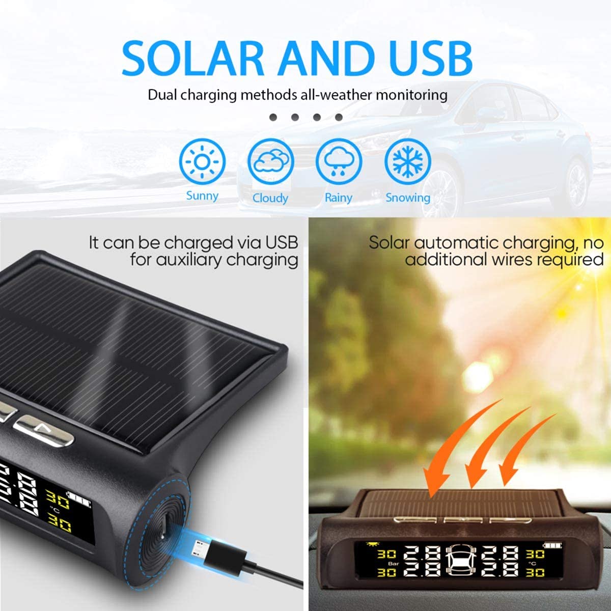 Solar-Powered Wireless Car Tire Pressure Monitoring System (TPMS) - Universal Waterproof External Sensors with 6 Modes, Real-Time Pressure & Temperature Alerts for RV, Trailer & Vehicles - Perfect for Long Road Trips & Heavy Load Safety