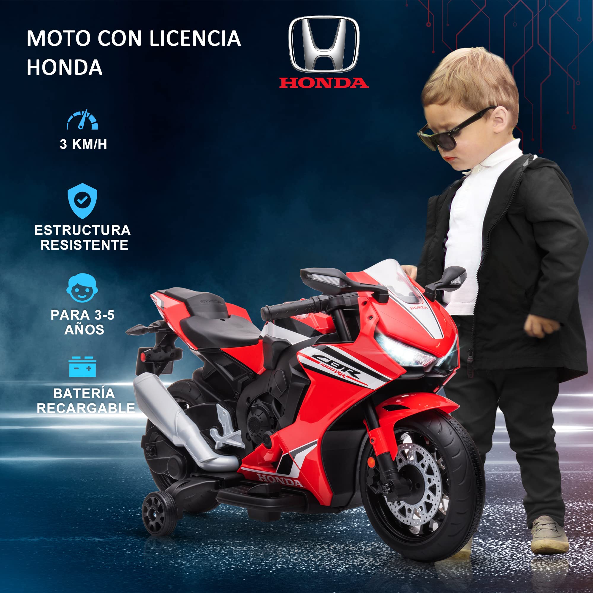 HOMCOM Licensed Honda-Style Electric Motorcycle for Kids 3-5 Years | 6V Battery-Powered Ride-On Toy with Headlight, Horn, Music & Removable Training Wheels | 30kg Weight Capacity 90x44x52cm | Red | Perfect for Birthday Gifts, Outdoor Play & Early Riding Skills Development