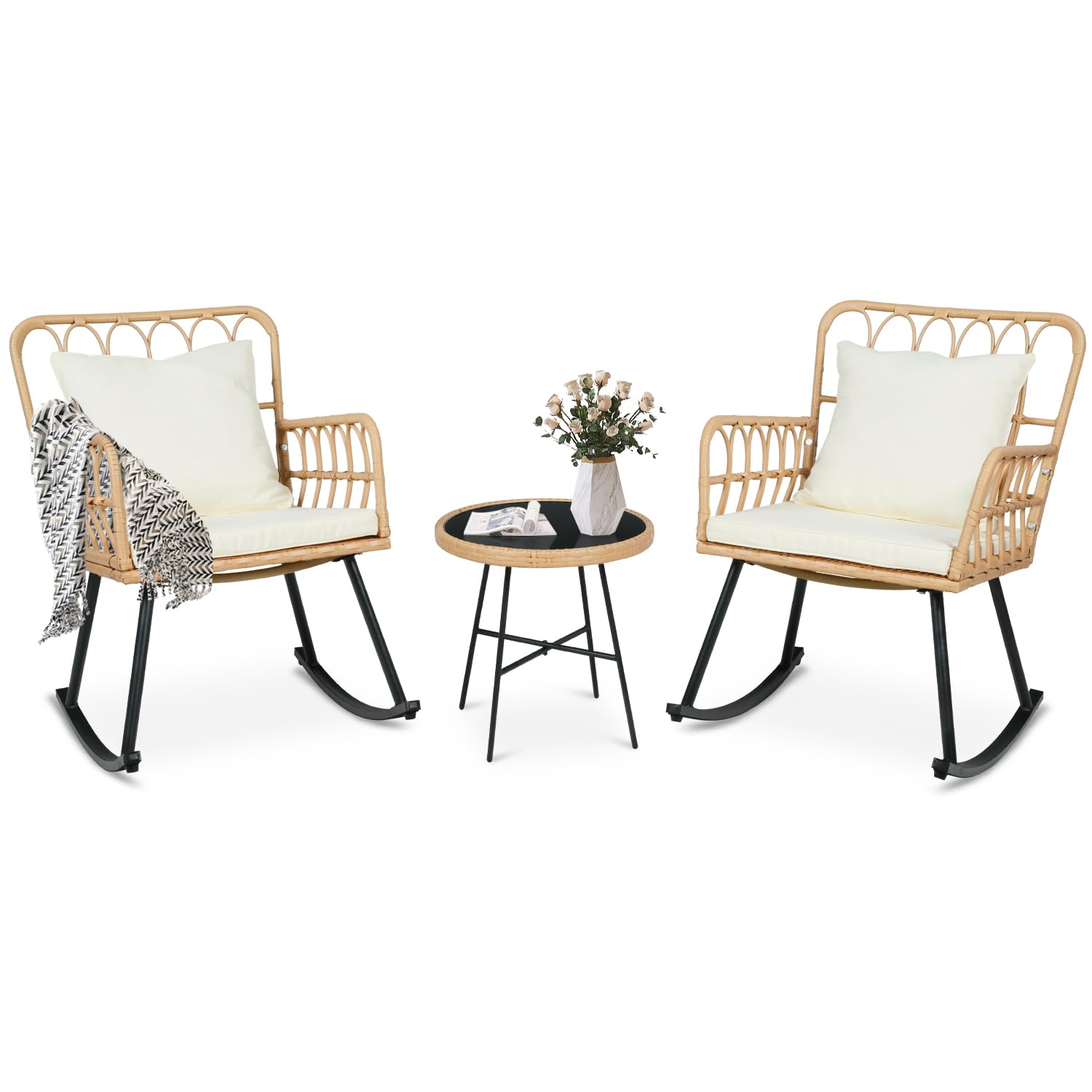 Vikiullf 2-Piece Patio Rocking Chair Set - Wide Outdoor Wicker Rattan Rockers with Thickened Cushions, 3-Piece Boho Furniture for Balcony, Garden, Porch & Living Room - Perfect for Relaxing, Reading & Entertaining Guests