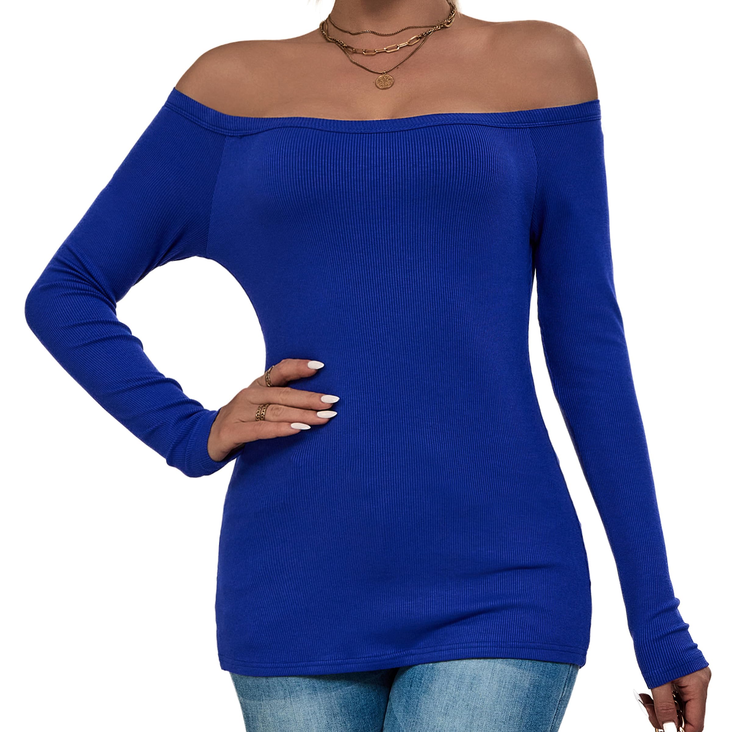ASAIR Women's Off The Shoulder Long Sleeve Tops - Stretchy Ribbed Lightweight Shirts for Casual Wear & Date Night Outfits | Trendy Basic Tops for Fall & Winter Fashion