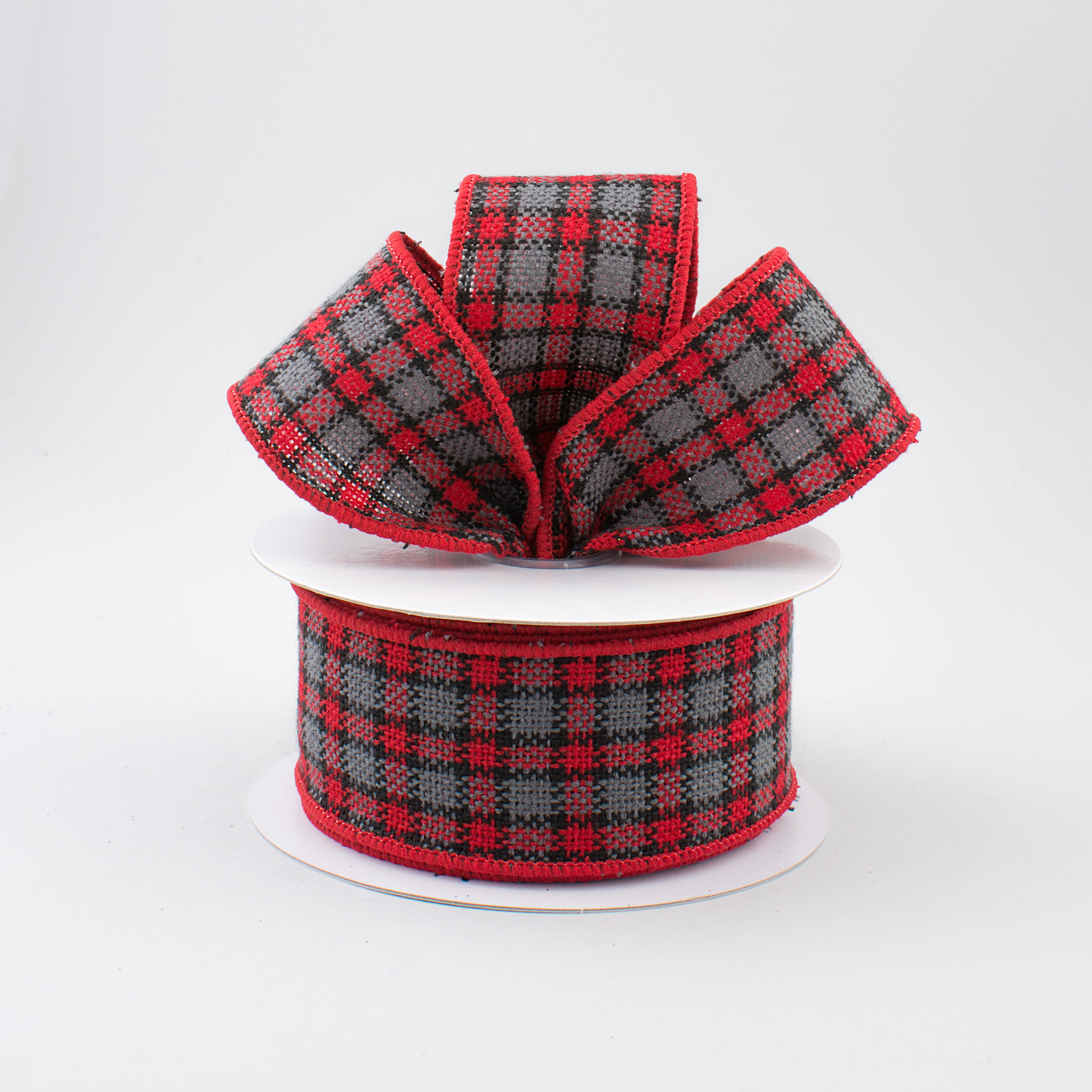 1.5 Inch Red & Grey Plaid Faux Burlap Ribbon - 10 Yards Bulk Roll for Gift Wrapping, Christmas Decorations, Wedding Favors and DIY Crafts