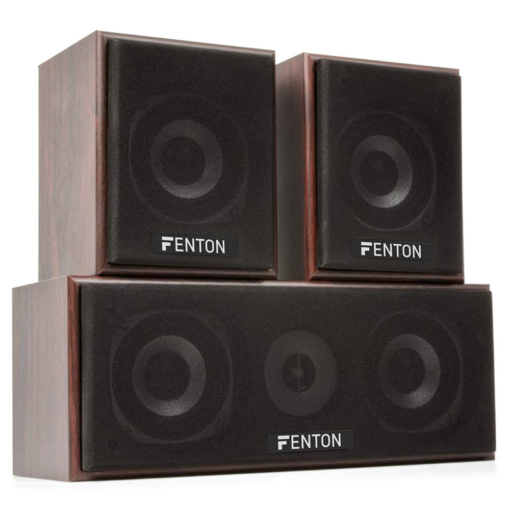 Fenton 5.0 Surround Sound Speaker System - 1150W Home Theater Speakers with Walnut Finish, 3-Way Tower & 2-Way Satellite Speakers, Wall Mountable - Perfect for Movie Nights, Gaming, and Music Listening