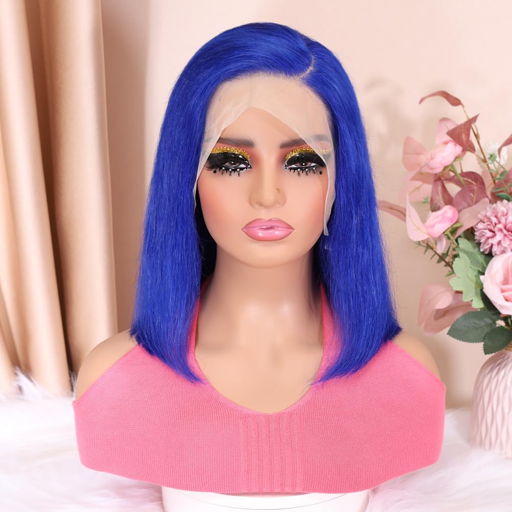13x4 HD Lace Front Blue Human Hair Wig - Pre Plucked Bob Wig with 180% Density | Glueless Brazilian Short Bob Wigs for Black Women | Natural Hairline & 12 Inch Length | Perfect for Cosplay, Daily Wear & Special Occasions